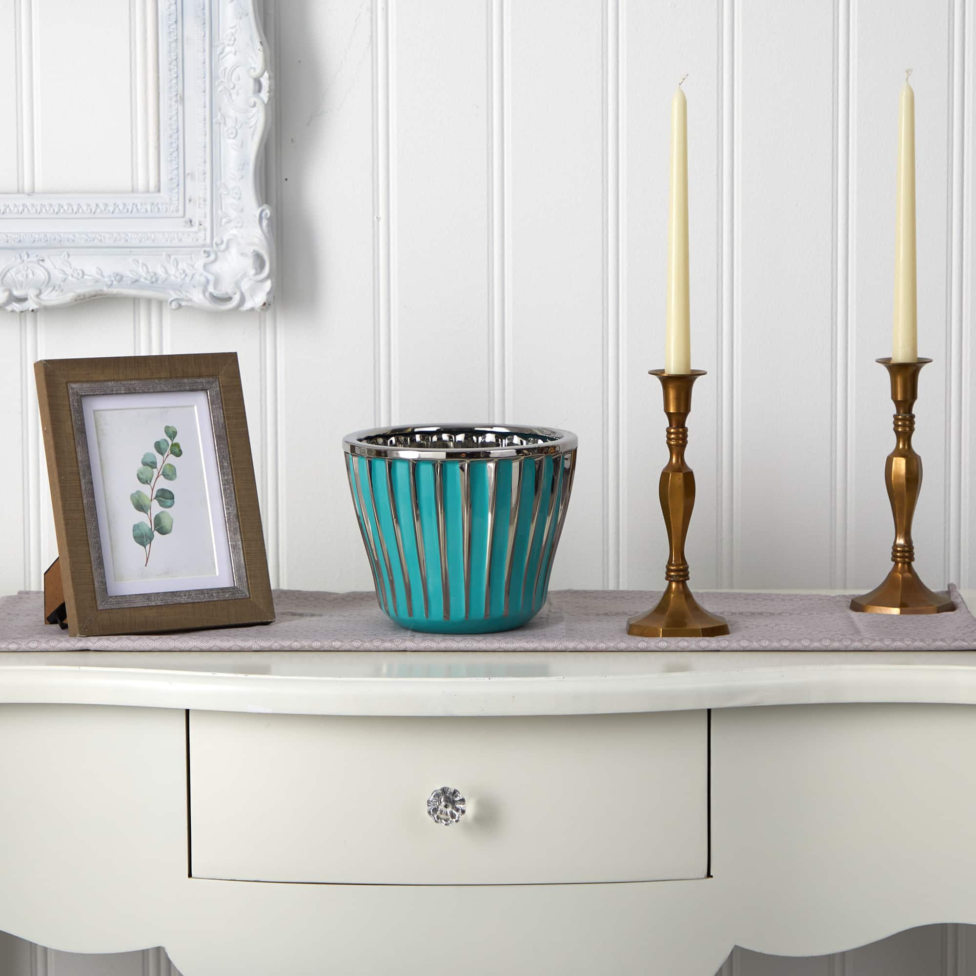 6" Turquoise Vase with Silver Trimming