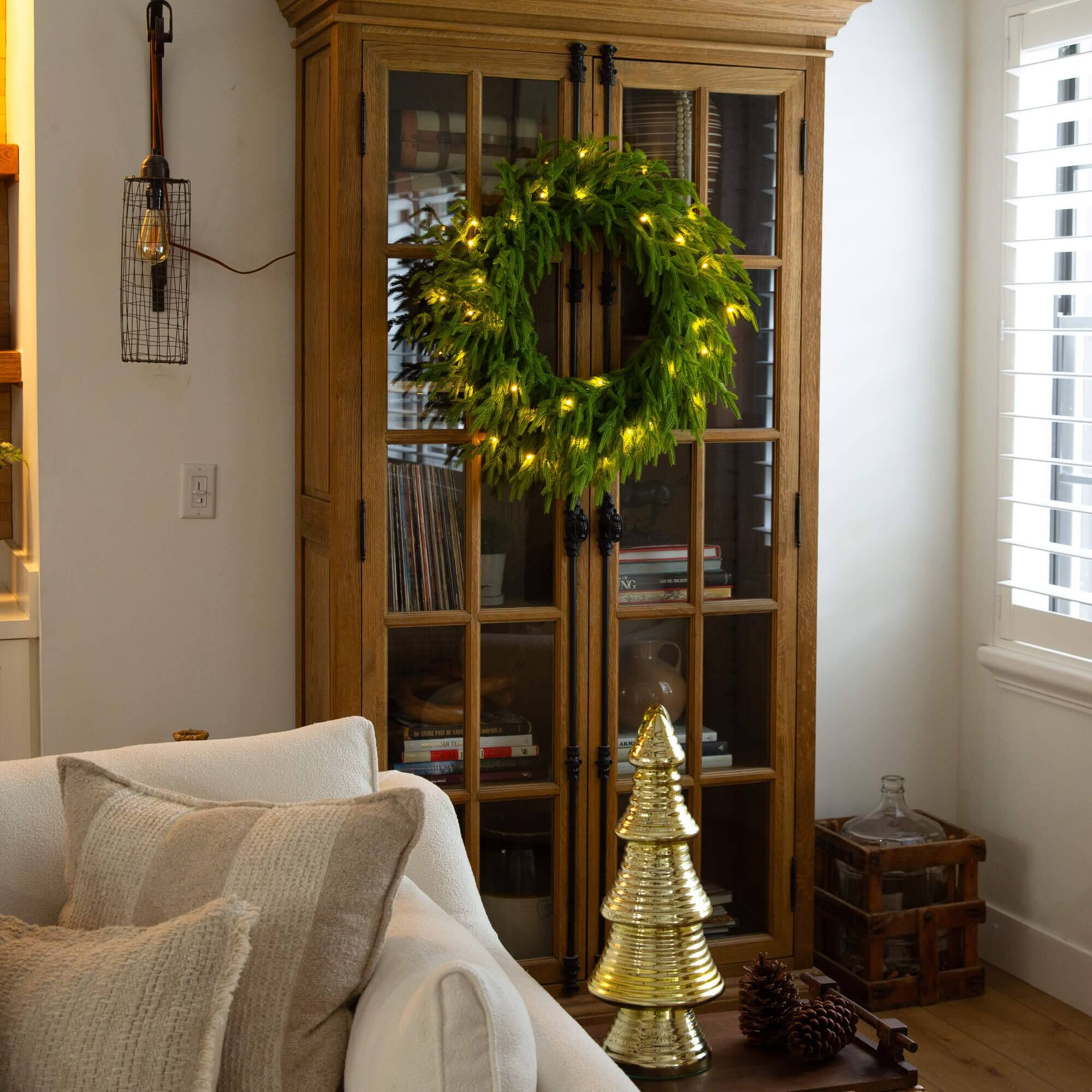 24in. Pre-Lit Artificial Real Touch Norfolk Island Pine Wreath with 50 Warm White LED Lights and Natural Look