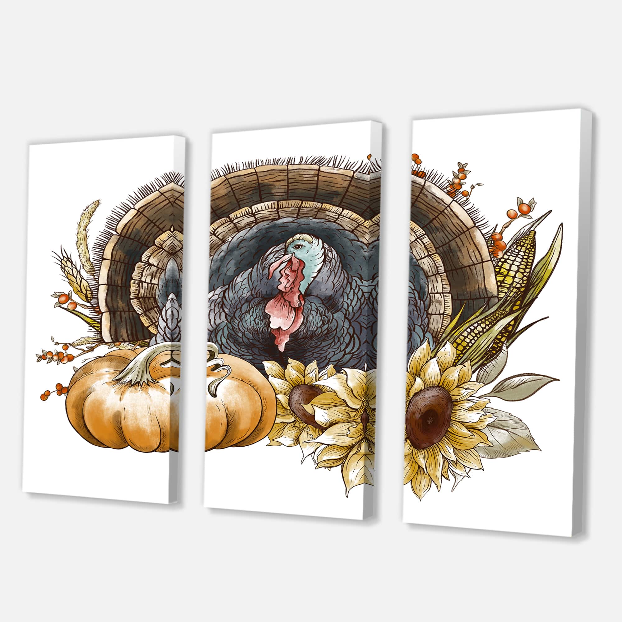 Designart - Thanksgiving Vintage Turkey Sunflowers and Pumpkin - Farmhouse Canvas Wall Art Print