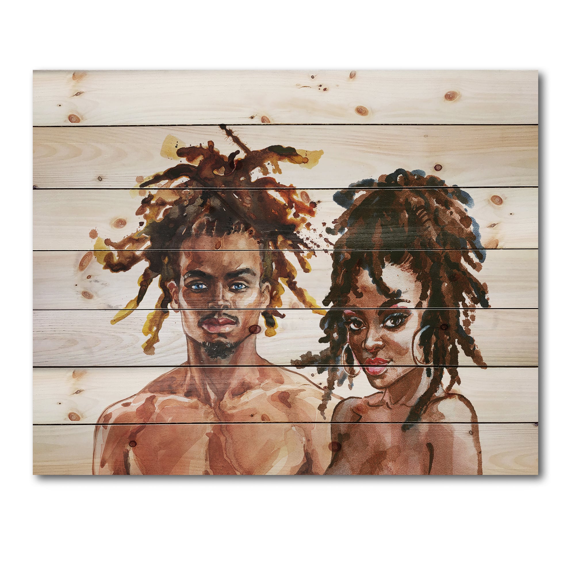 Designart - Portrait of Afro American Couple - Modern Print on Natural Pine Wood