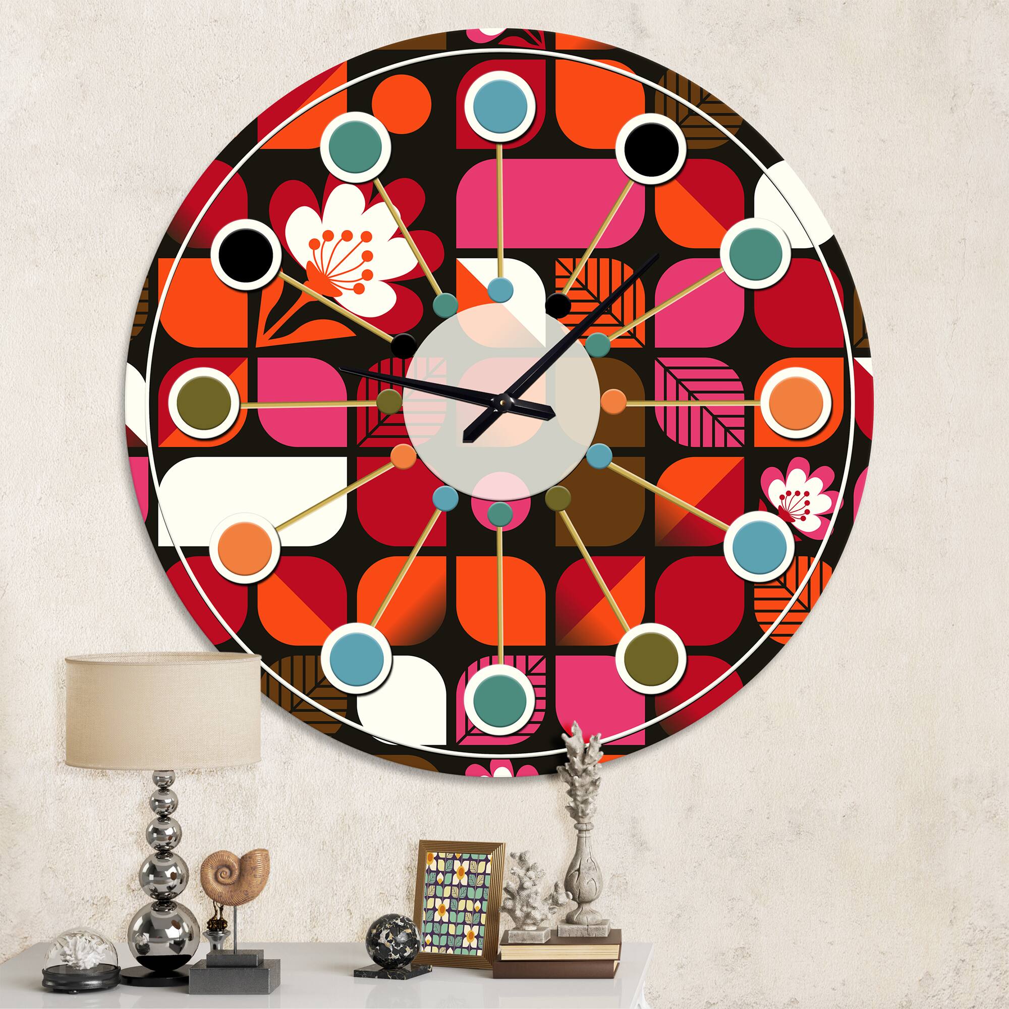 Designart Geometric Retro Flower Design I Mid-Century Modern Wall Clock