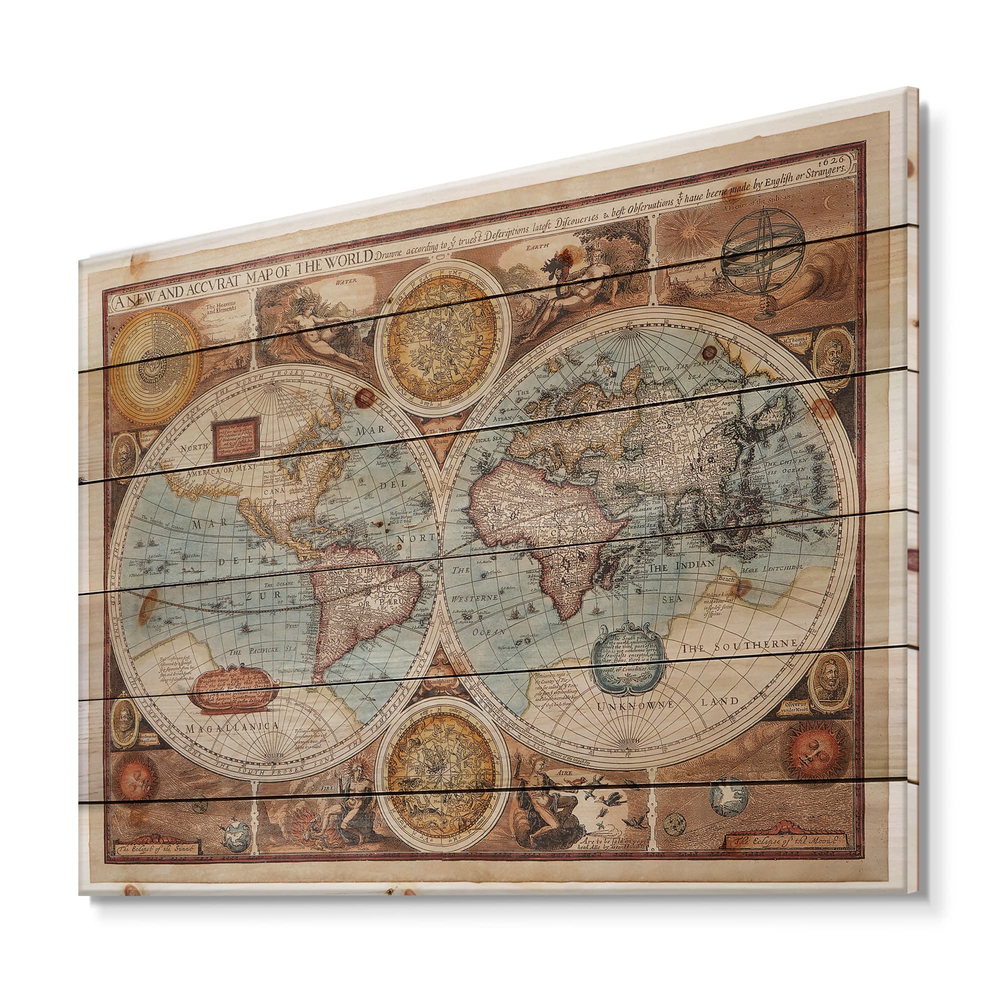 Designart - Ancient Map of The World VIII - Vintage Print on Natural Pine Wood