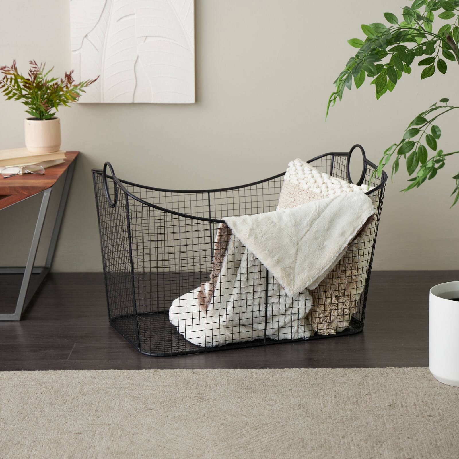 30.25" Black Metal Open Frame Wire Grid Storage Basket with Curved Sides & Ring Handles