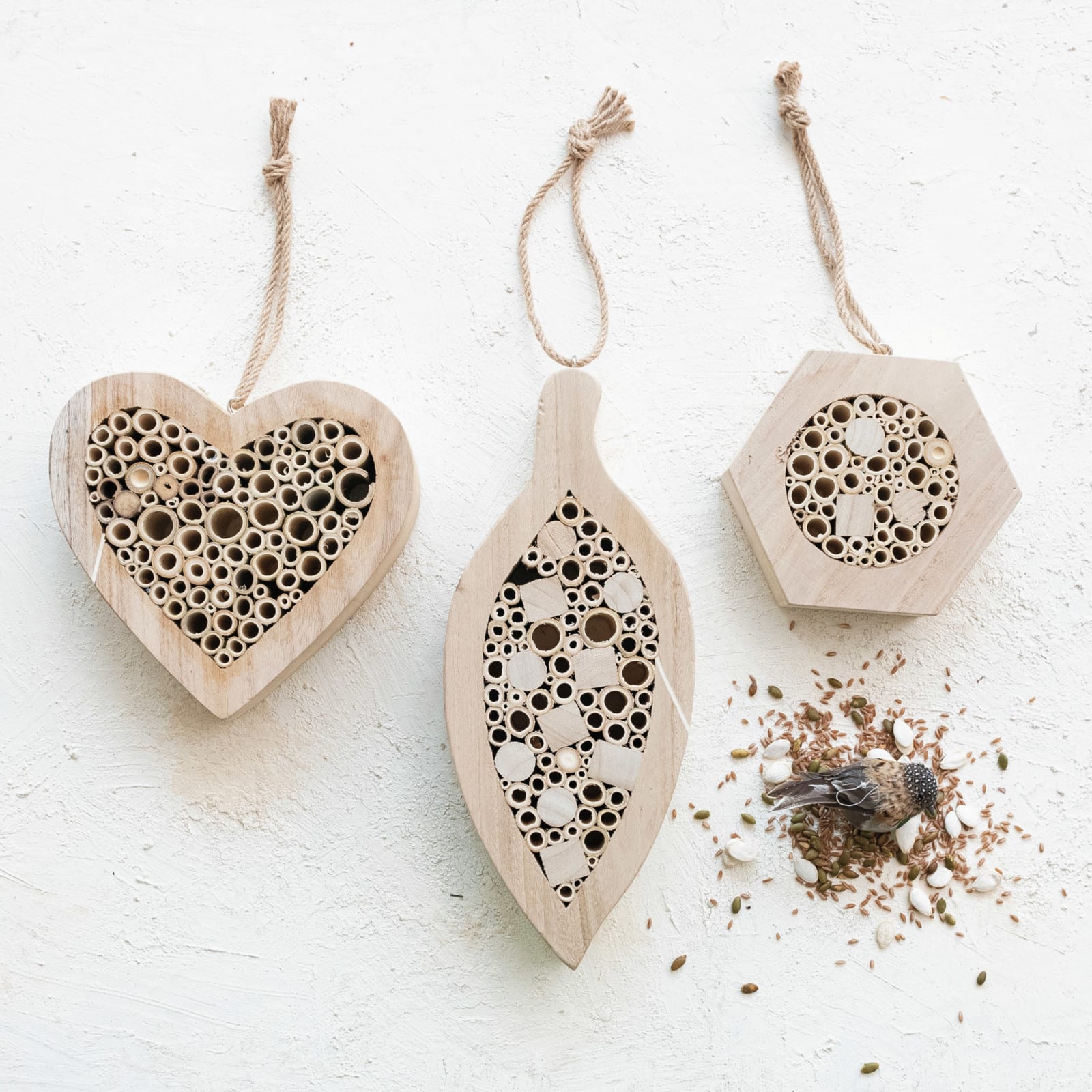 Hello Honey® 10" Natural Paulownia Wood & Bamboo Hexagon-Shaped Insect House with Jute Hanger