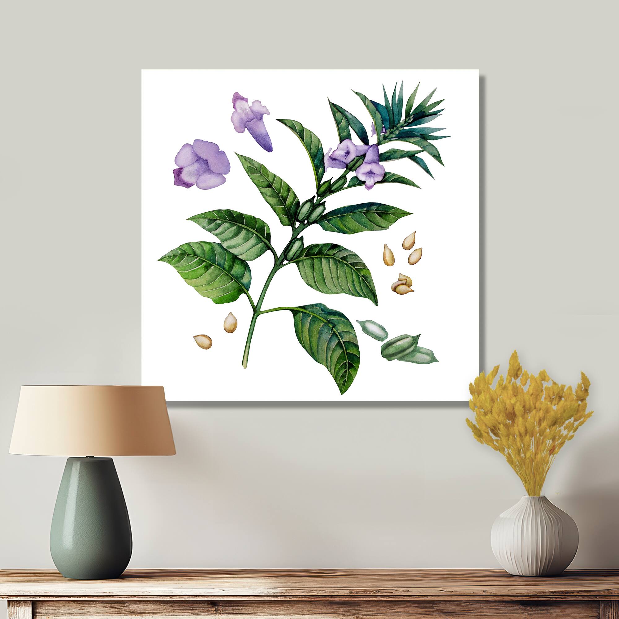 Designart - Purple Sesame Flowers WIth Green Leaves