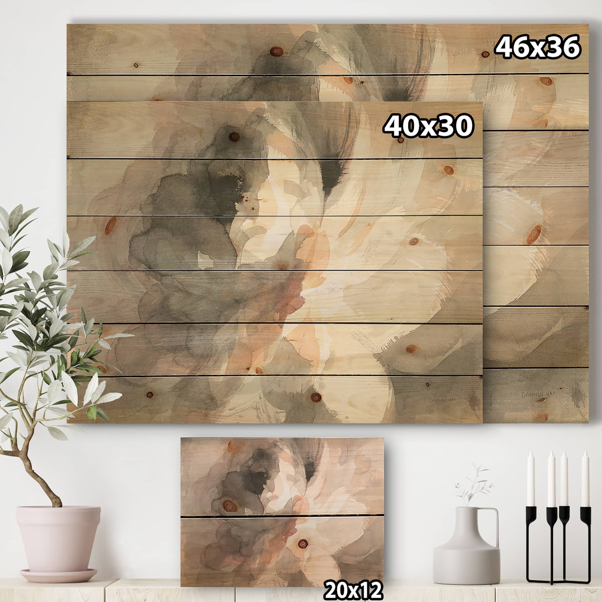 Designart - Abstract Peony Grey - Pink Modern Print on Natural Pine Wood