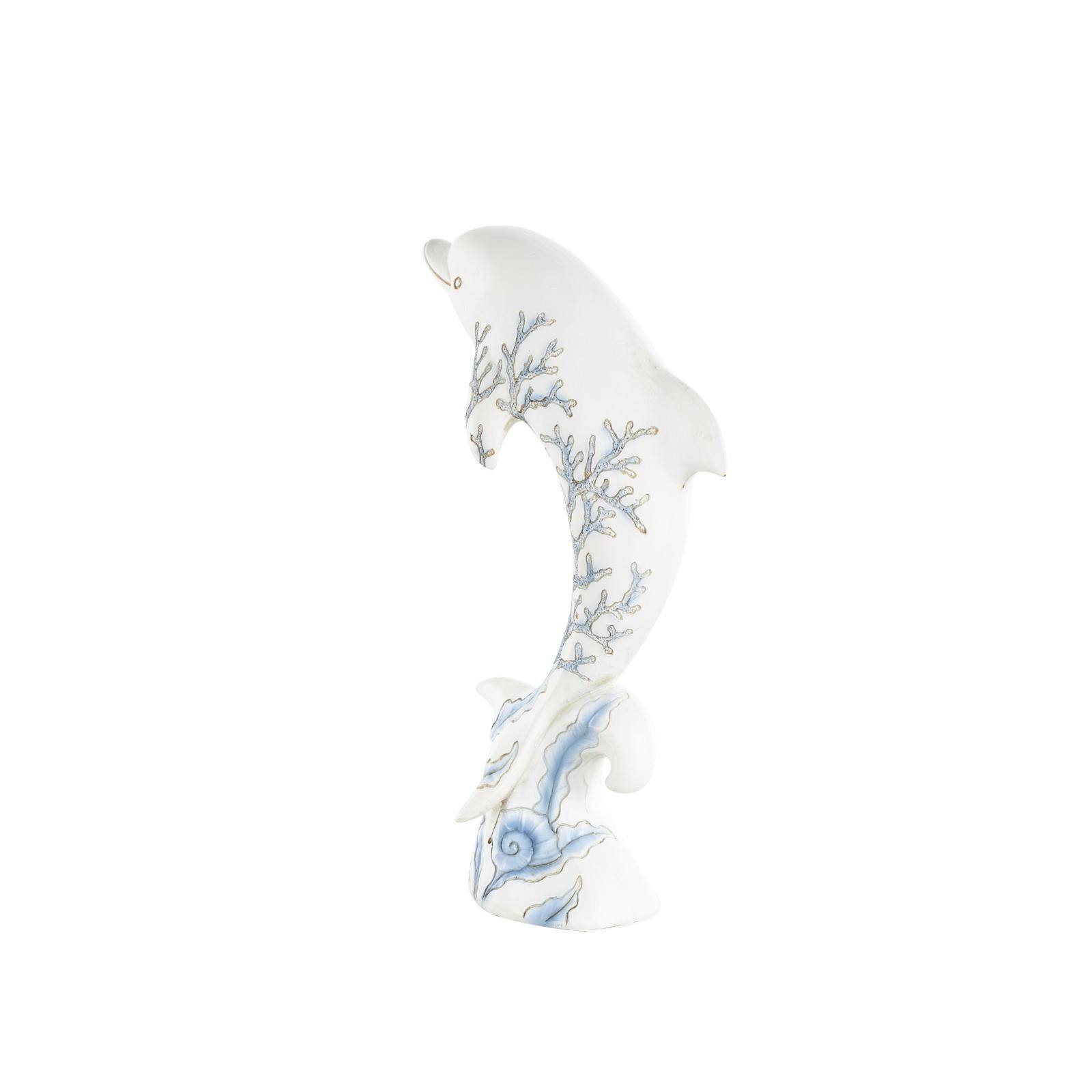 12" White with Blue Coral Pattern Curved Polystone Dolphin Sculpture