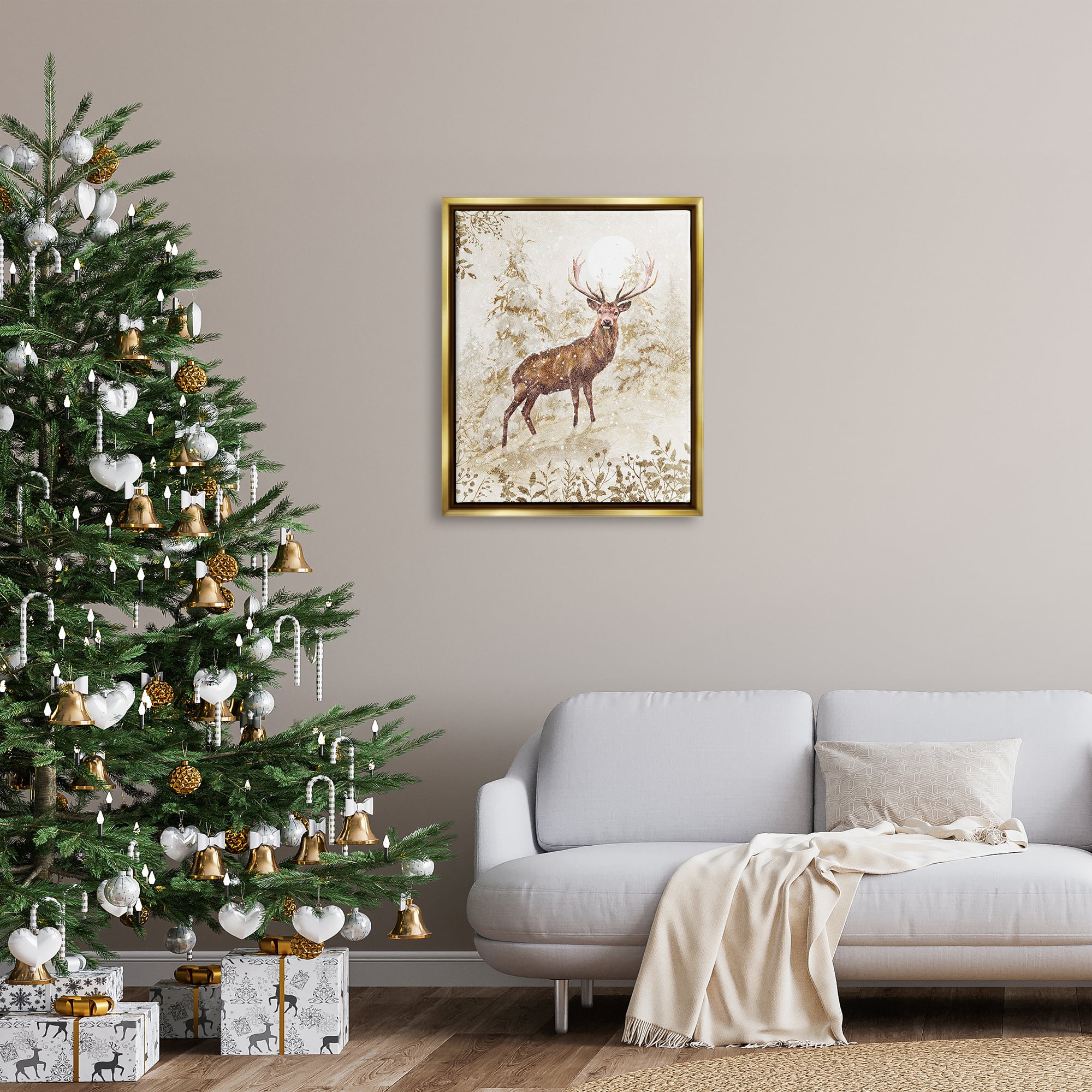 Stupell Industries Elk Snow Covered Forest Black Framed Floater Canvas Wall Art