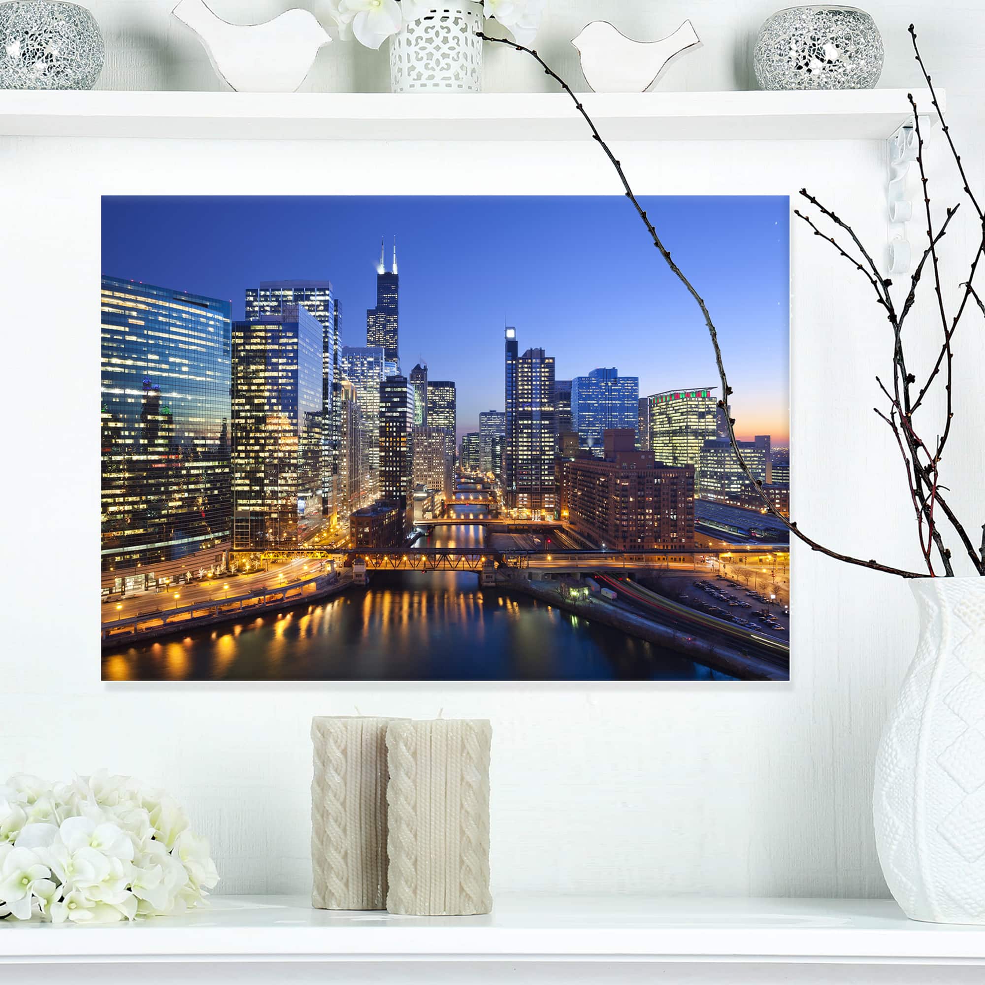 Designart - Chicago River with Bridges at Sunset - Cityscape Canvas Print