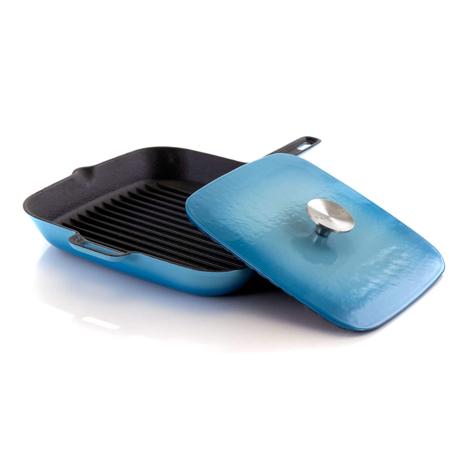 MegaChef 11" Square Blue Enamel Cast Iron Grill Pan with Matching Grill Press