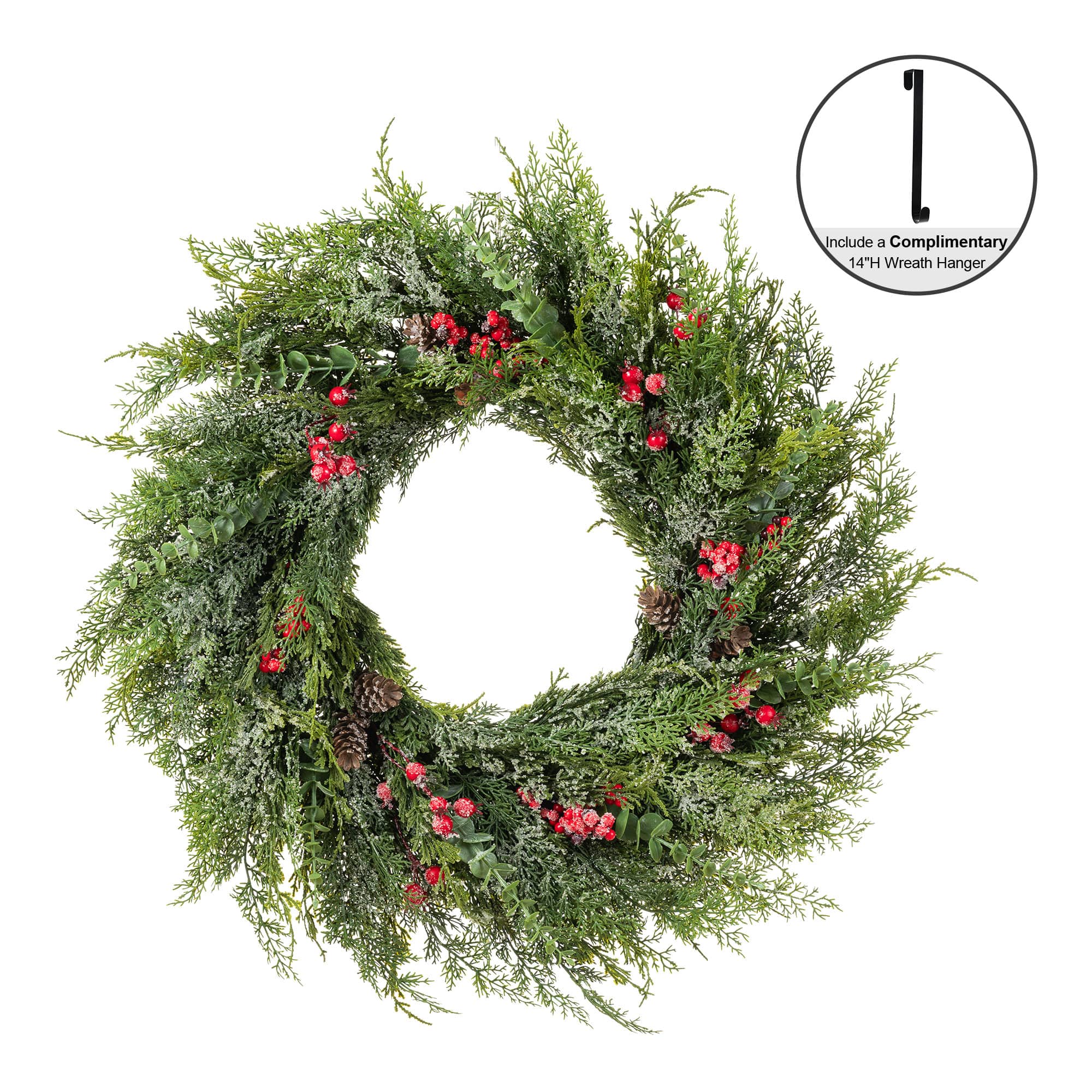 Glitzhome® 28" Christmas Greenery Frosted PE Wreath with Pinecones & Red Berries