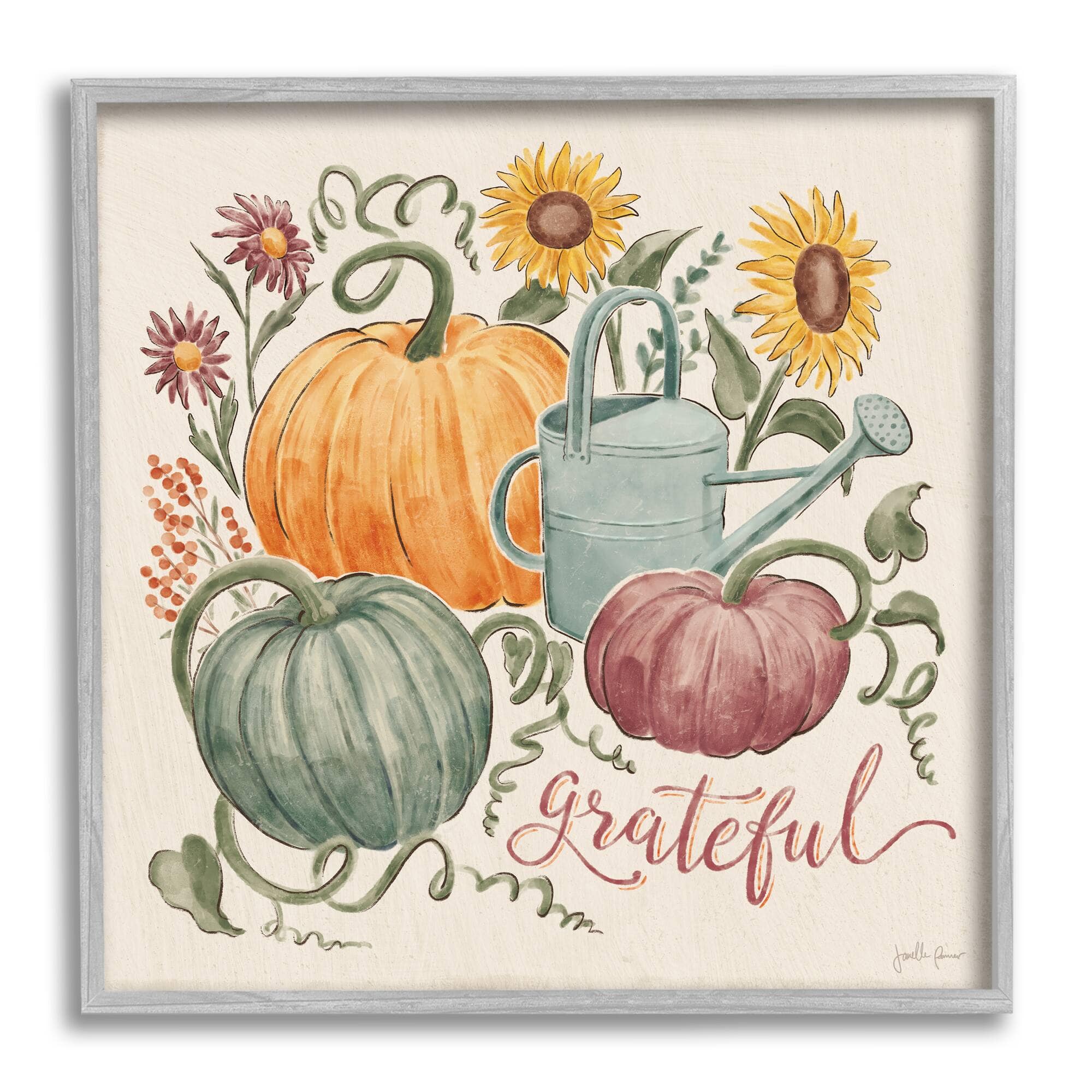 Stupell Industries Grateful Floral Fall Pumpkins Framed Giclee Art