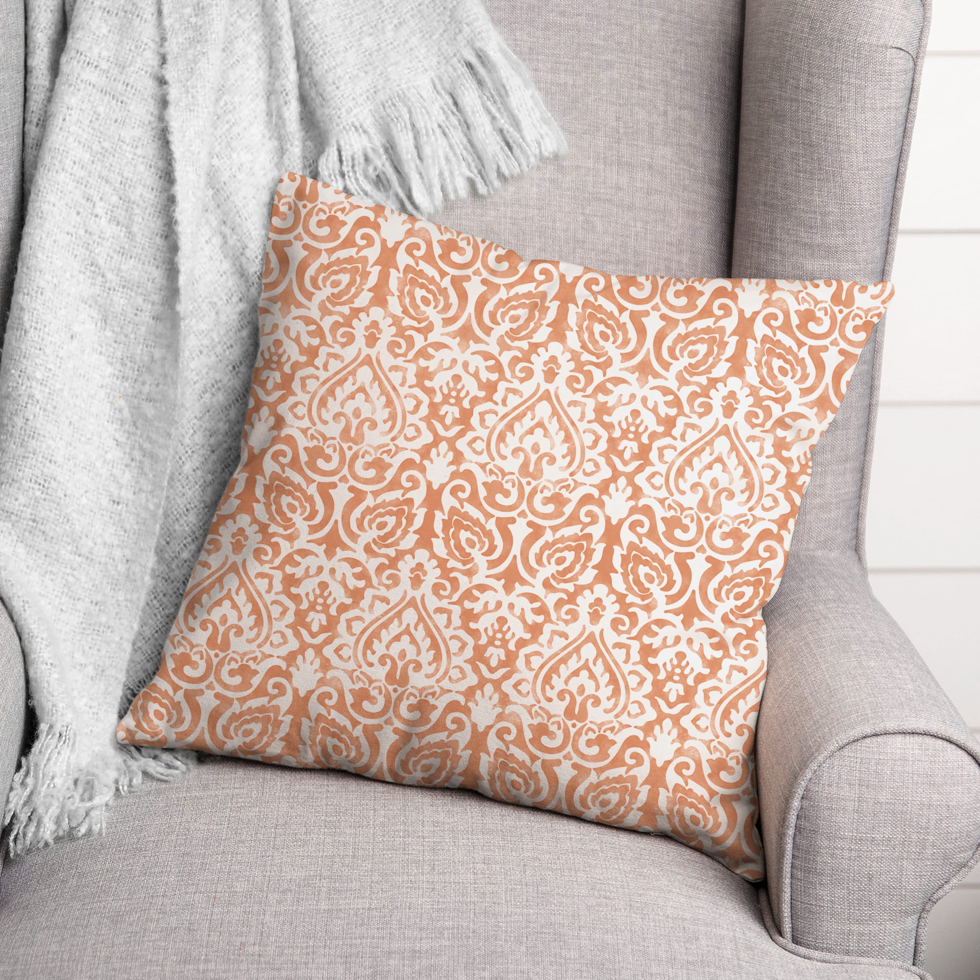 Orange Damask Throw Pillow