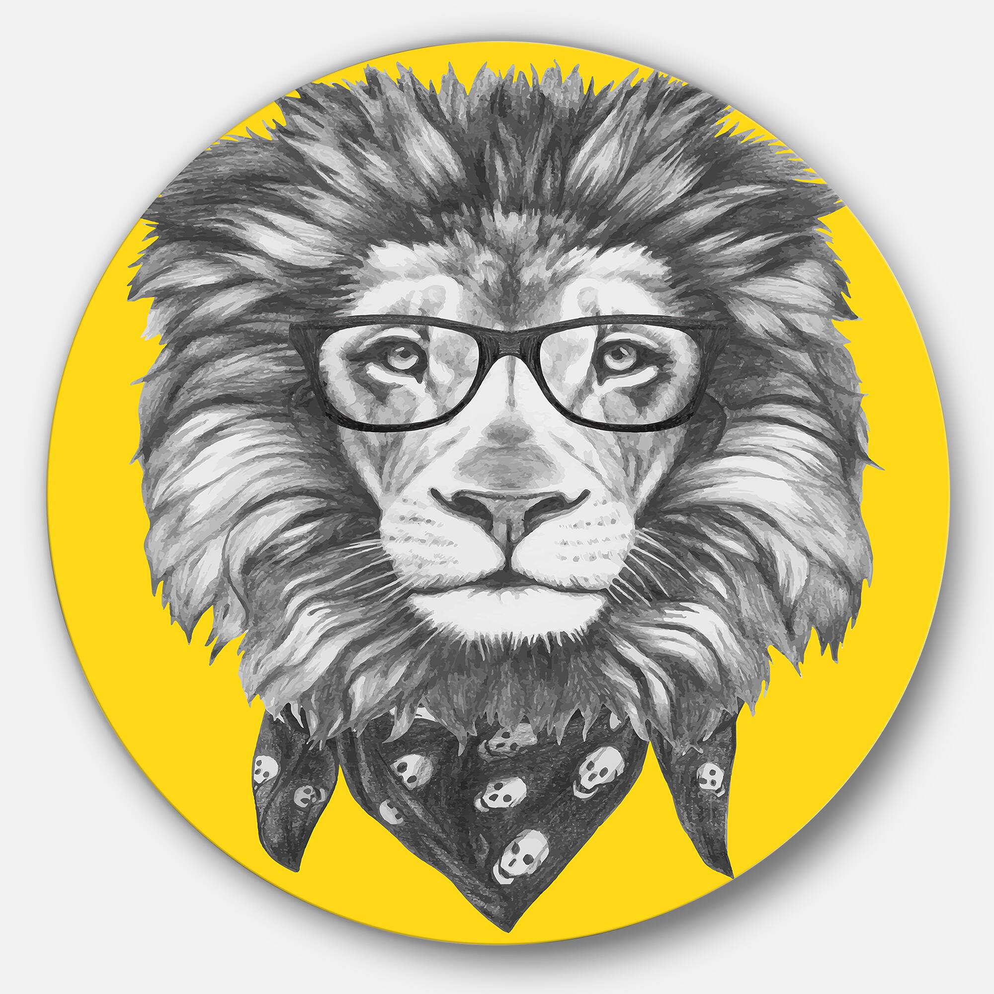 Designart - Lion with Glasses and Scarf' Disc Animal Metal Circle Wall Art