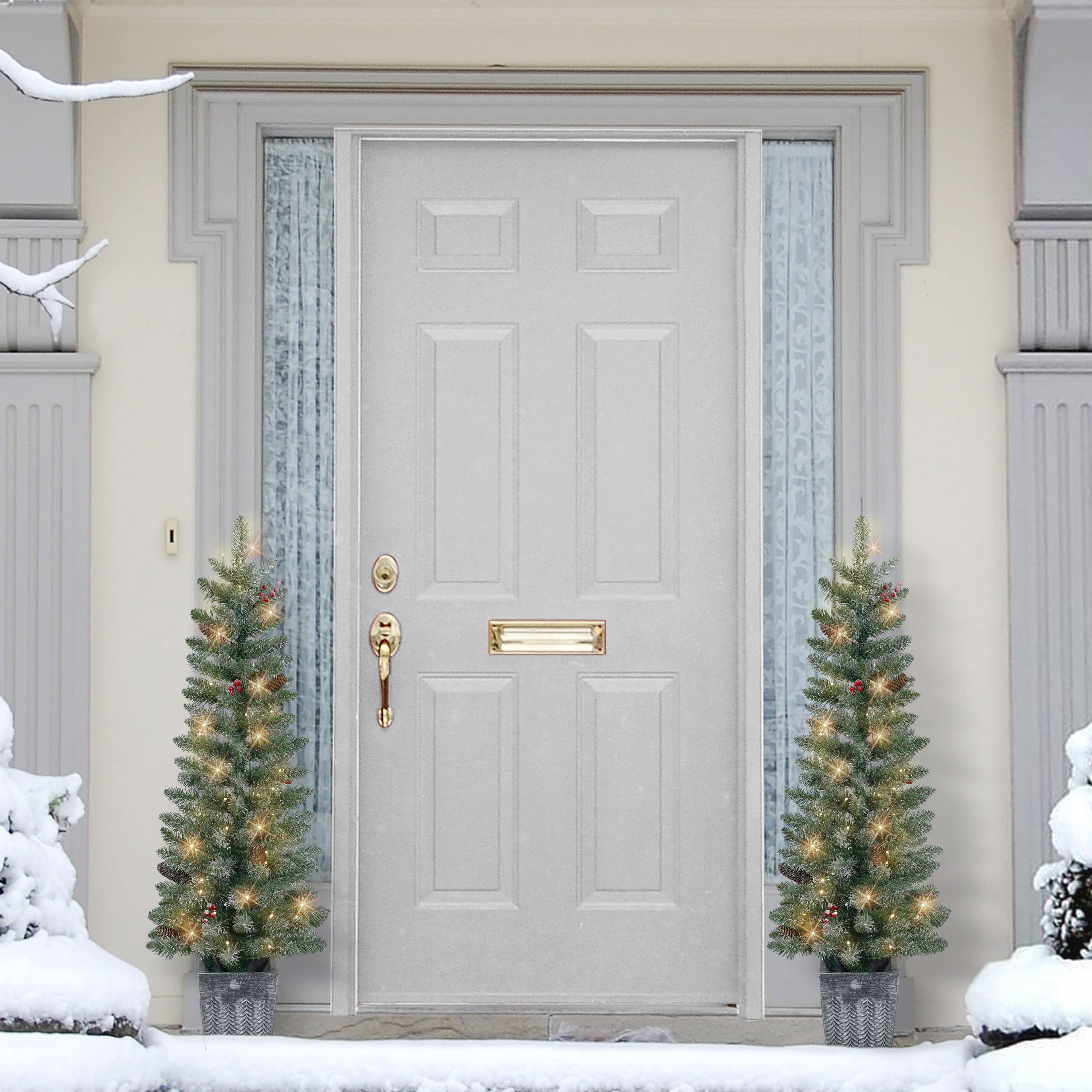 4ft. Pre-Lit Flocked Potted Trees with Battery-Operated Timer, 2ct.