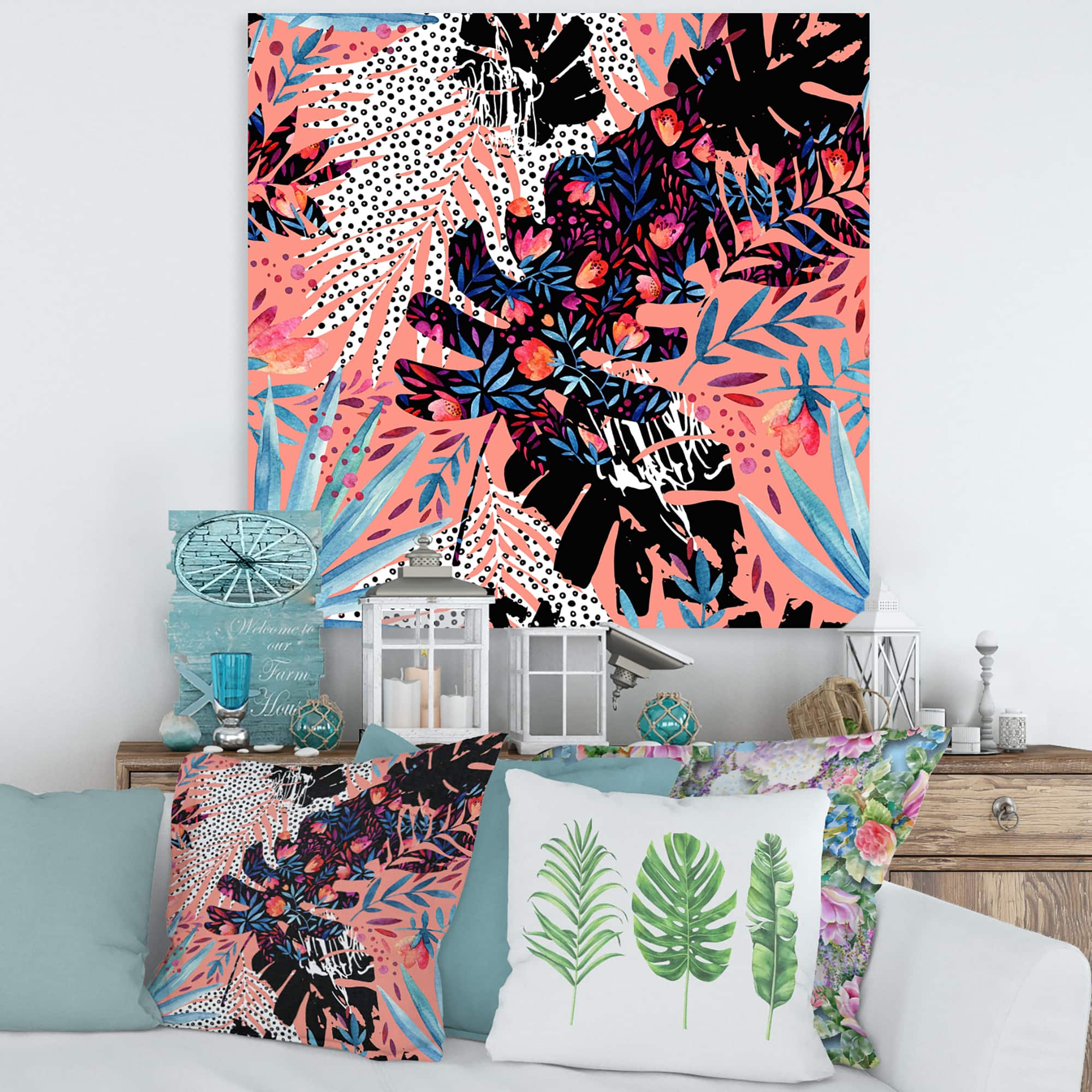 Designart - Tropical Floral Patchwork II - Tropical Canvas Wall Art Print