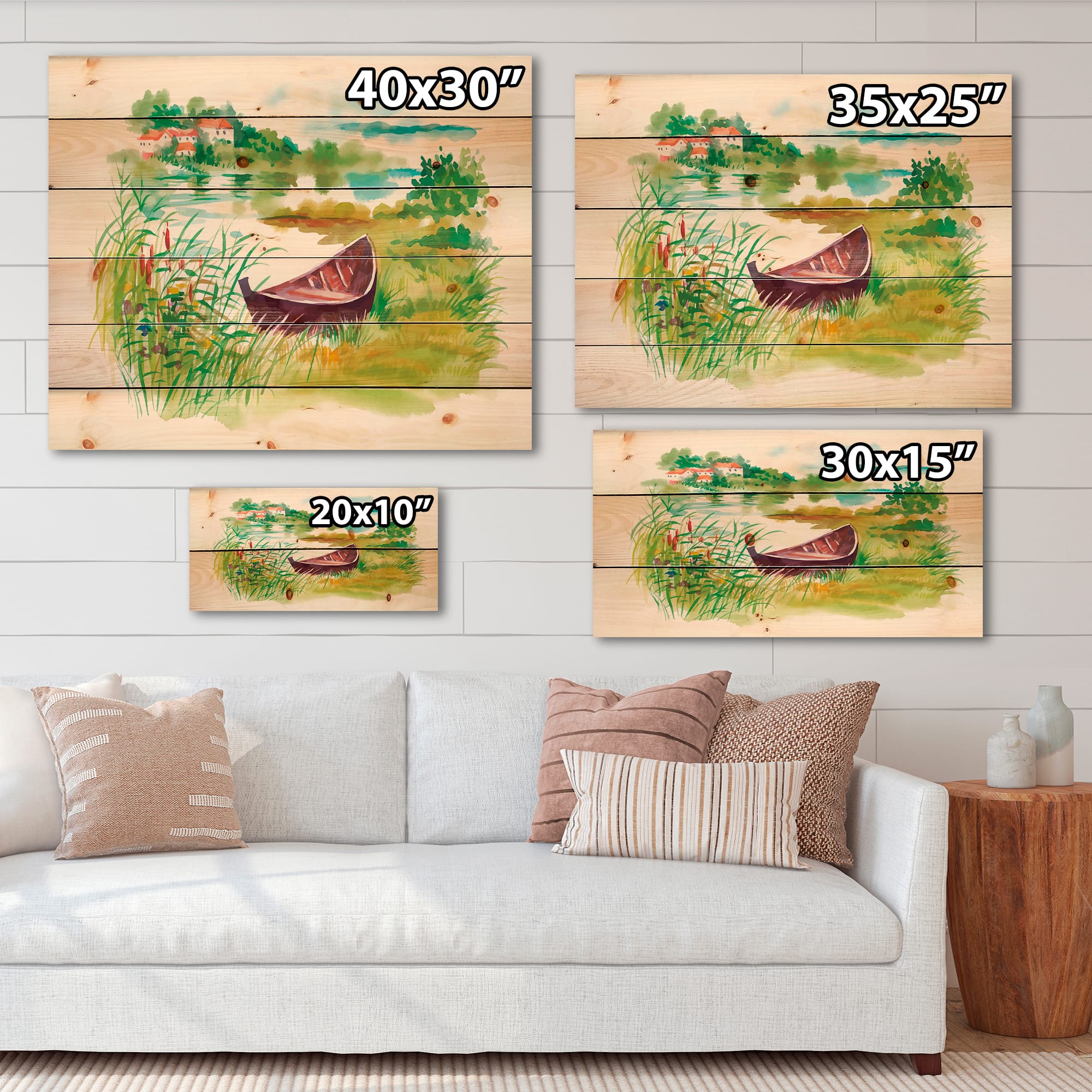 Designart - Rural Green Landscape With Boat - Lake House Print on Natural Pine Wood