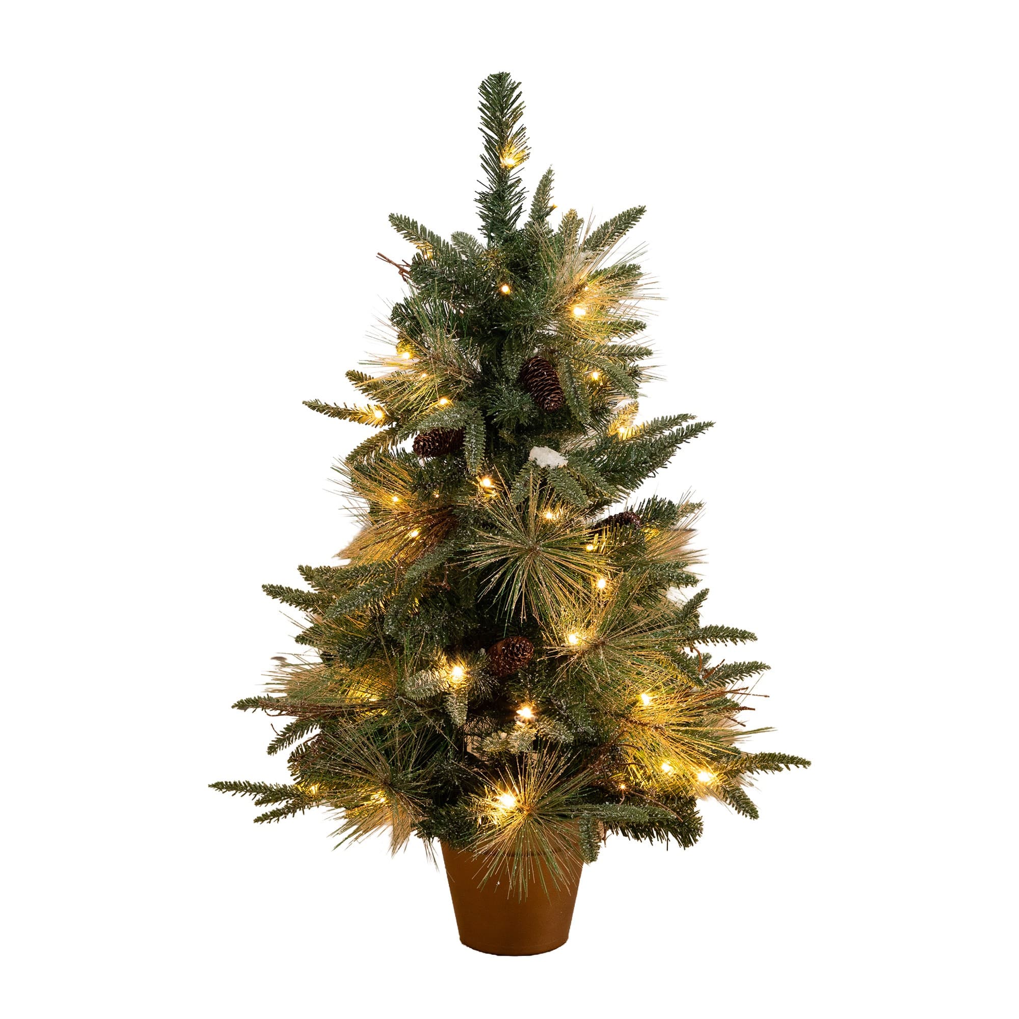 Nearly Natural 3ft. Pre-Lit Artificial Snowed Mixed Pine & Pinecone Christmas Tree in Gold Decorative Planter, Warm White LED lights