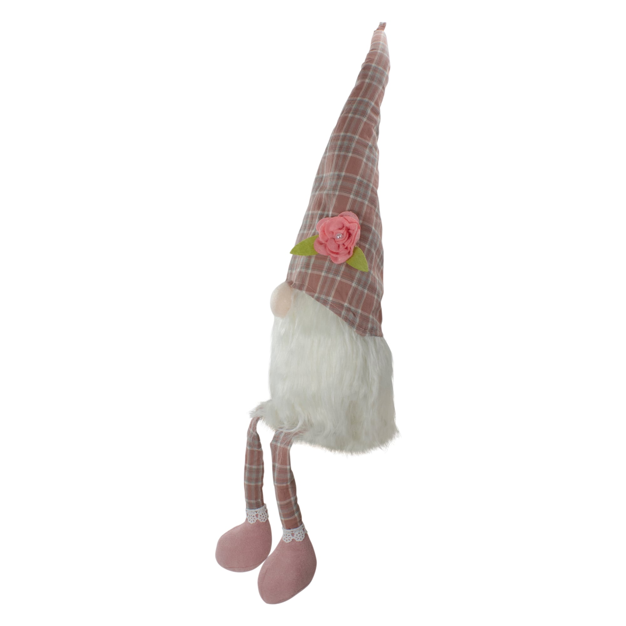 29" Pink & White Plaid Spring Gnome with Dangling Legs Figure