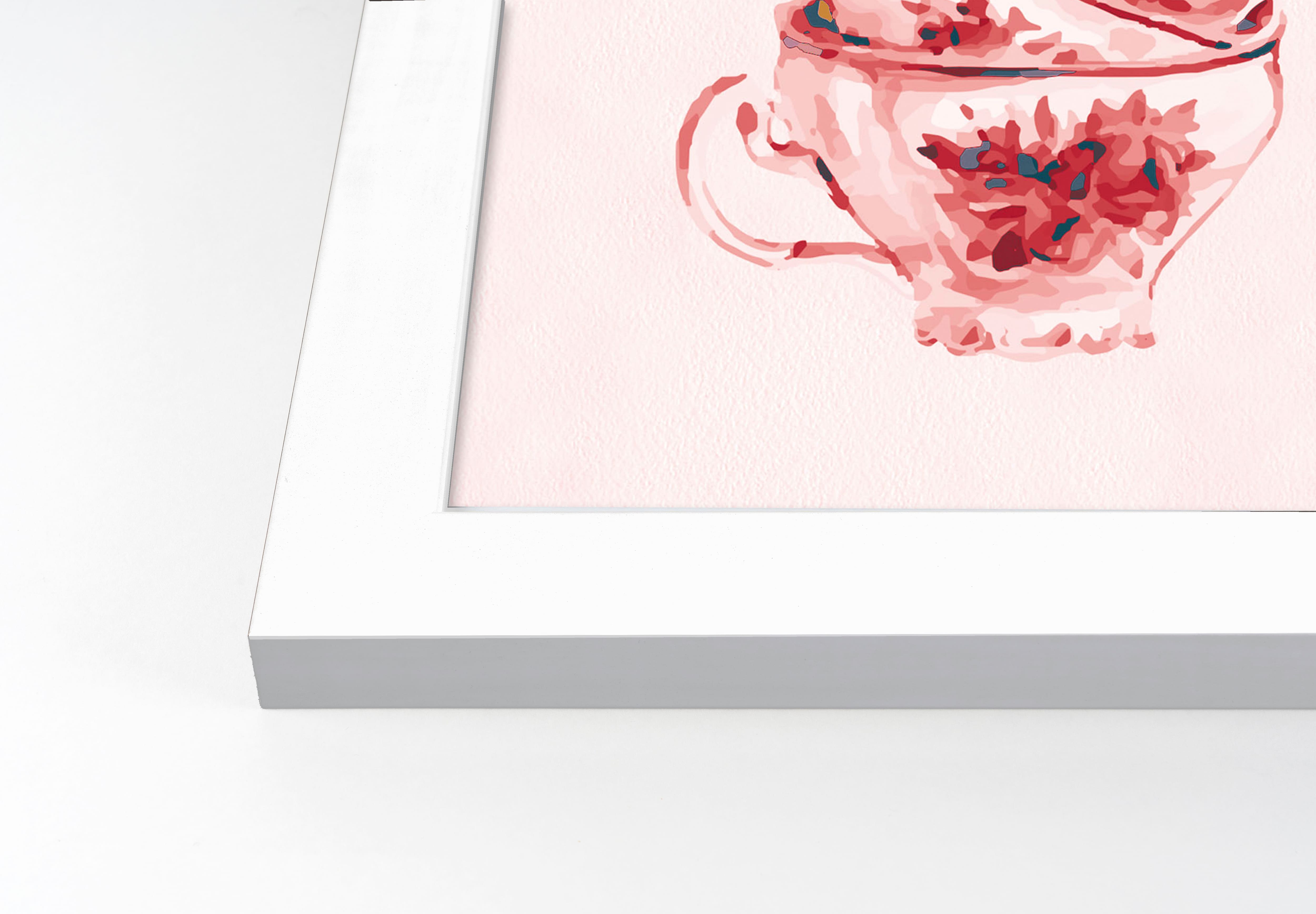 16" Floral Tea Cup Stack White Framed Print Under Plexiglass