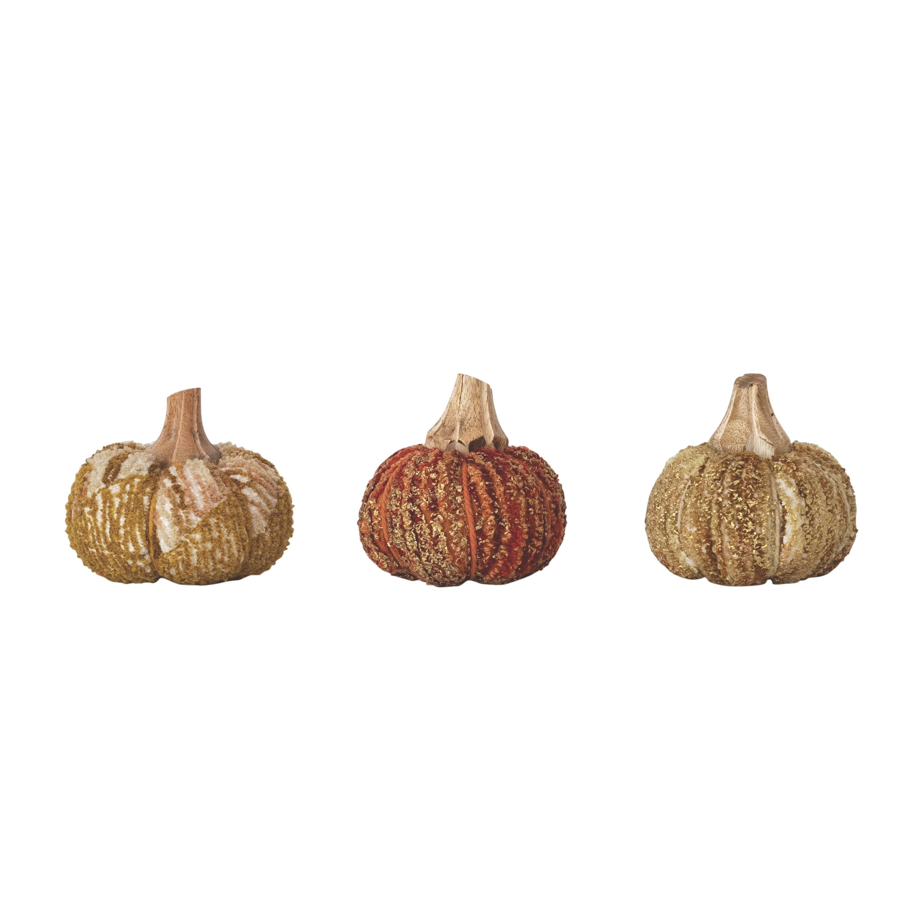 Hello Honey® Small Cotton and Fabric Chenille Pumpkin, Multicolor 3 Piece