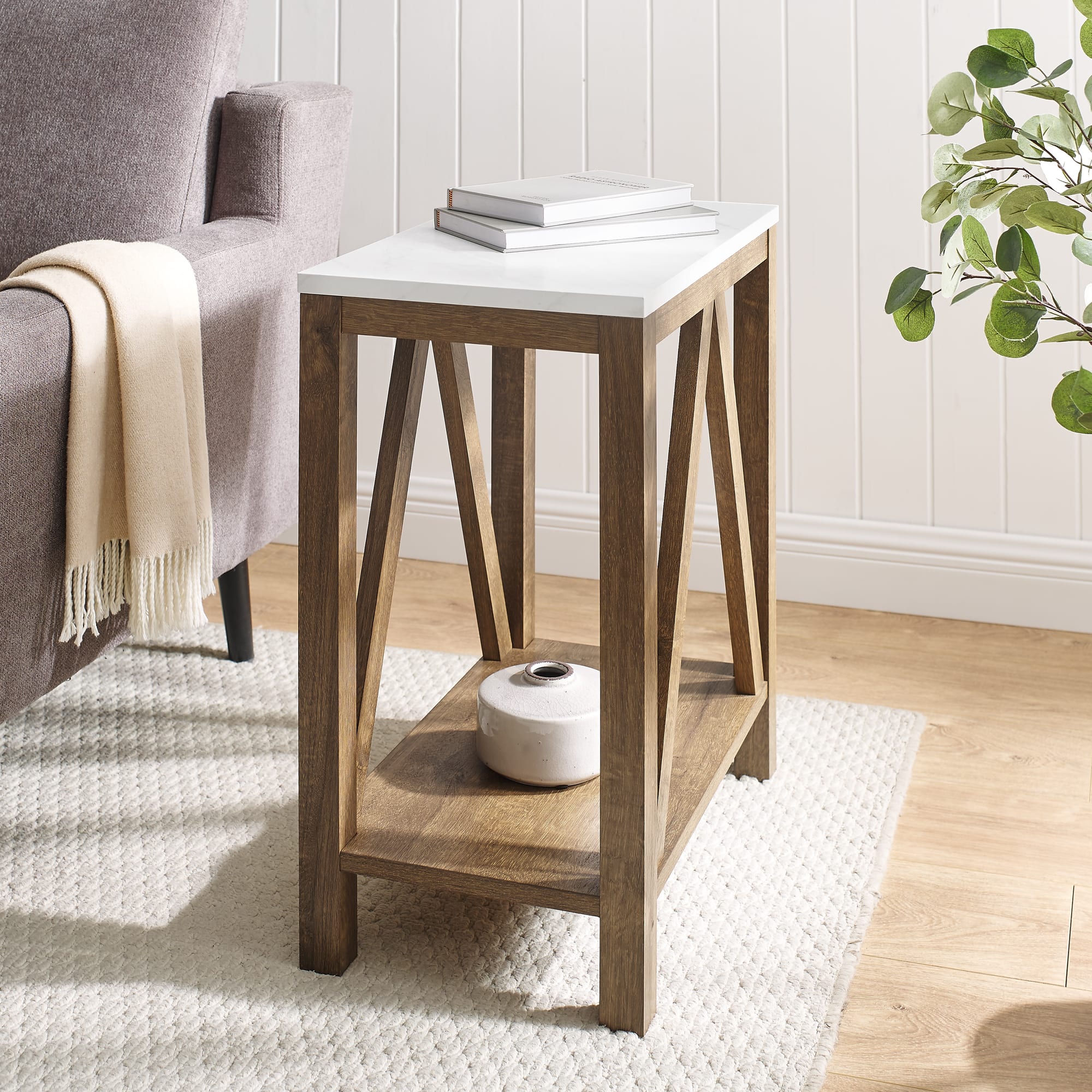 Walker Edison Faux White Marble & Natural Walnut A-Frame Side Table