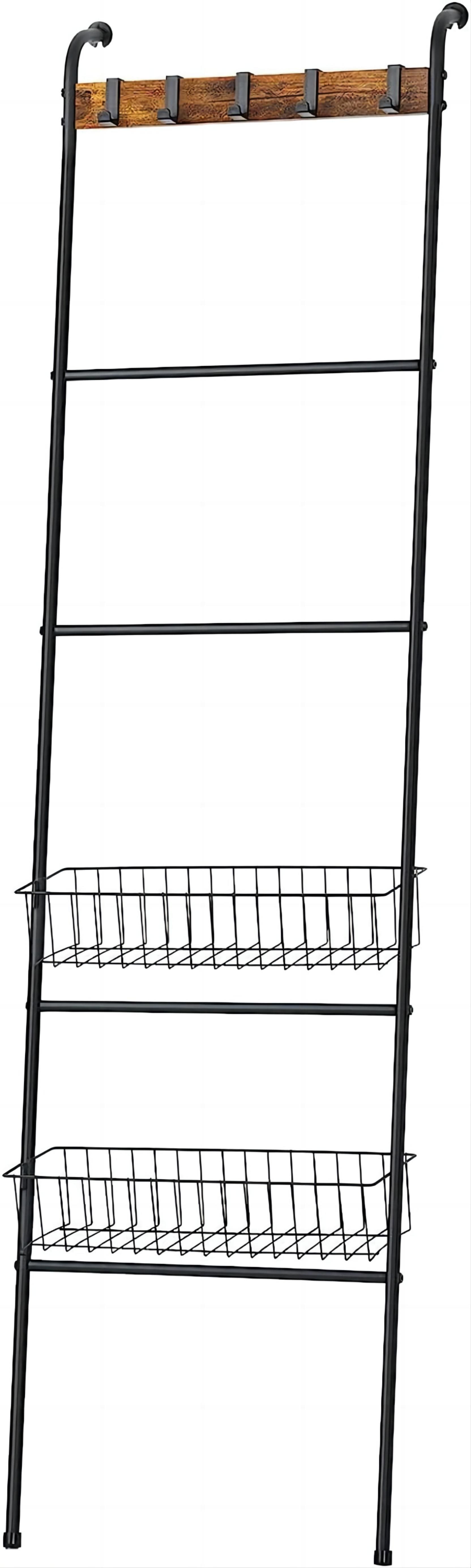 NEX™ 64" Black Blanket Ladder Leaning Towel Holder with 2 Metal Baskets