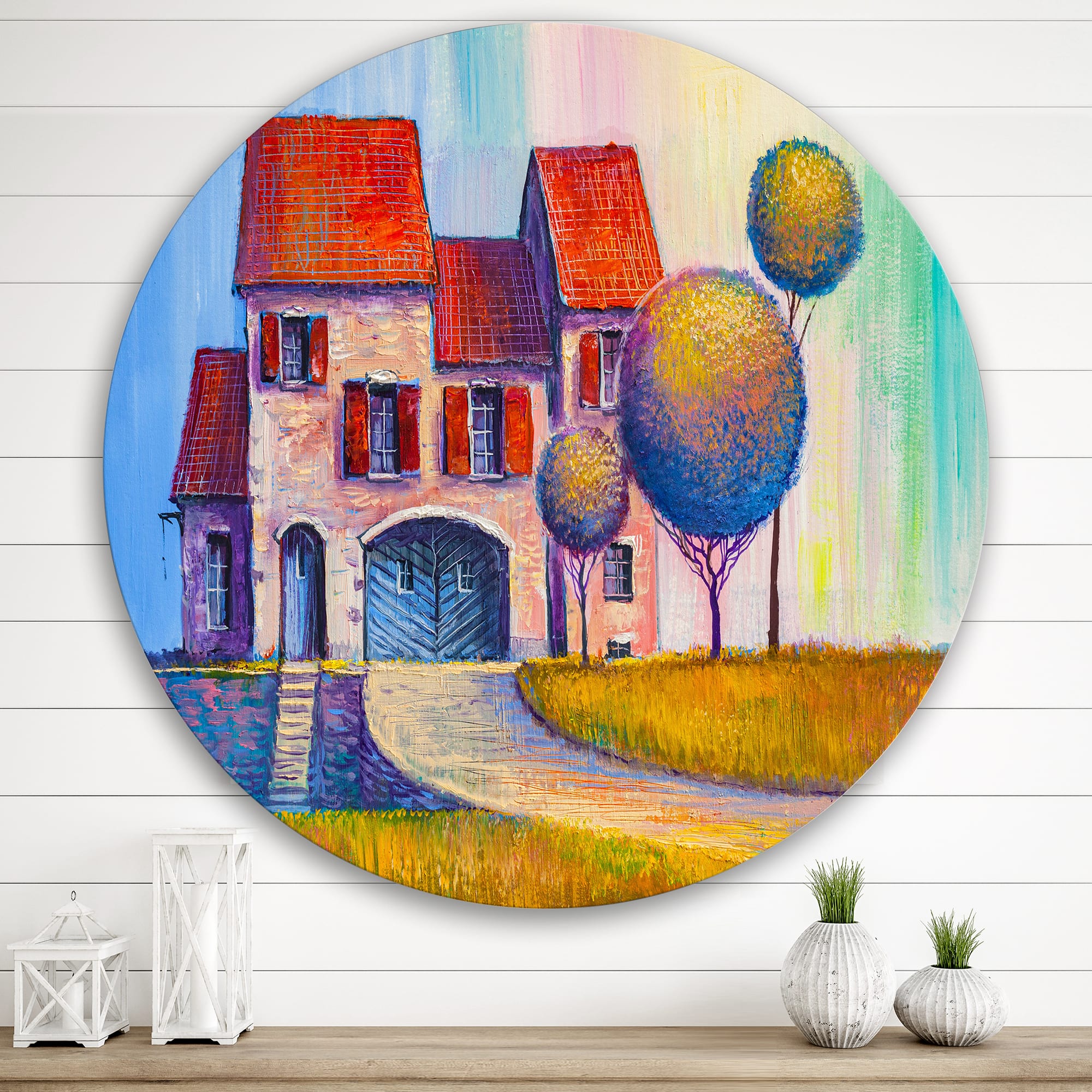 Designart - House With Red Roof In The Village - Modern Metal Circle Wall Art