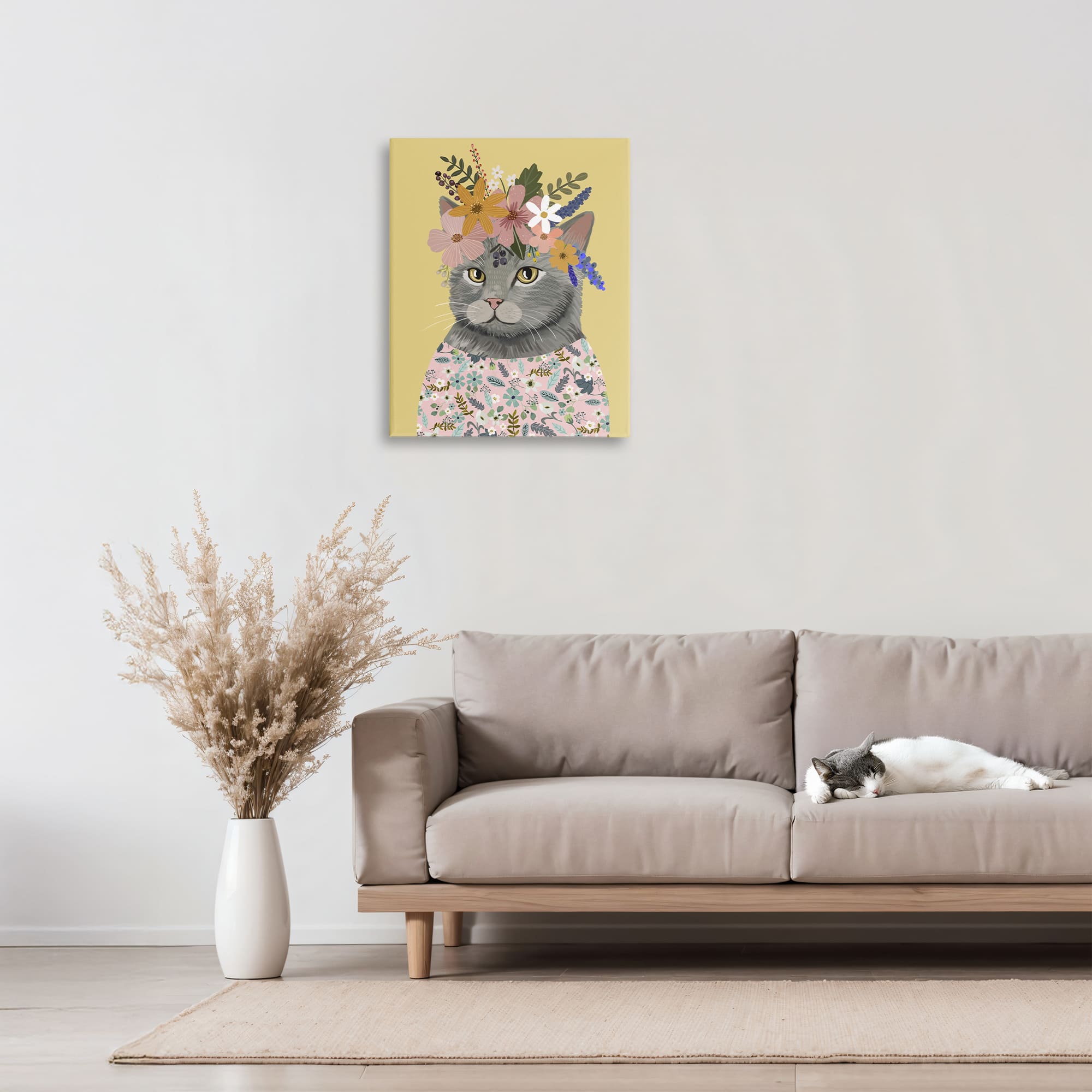 Stupell Industries Spring Cat Floral Portrait Canvas Wall Art