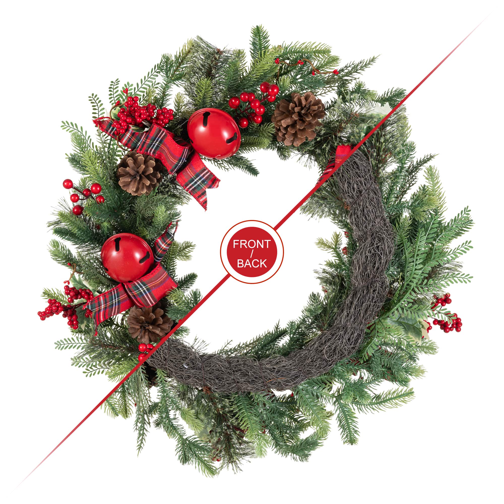 Glitzhome® 26" Christmas Bell Pinecone & Berry Bow Wreath