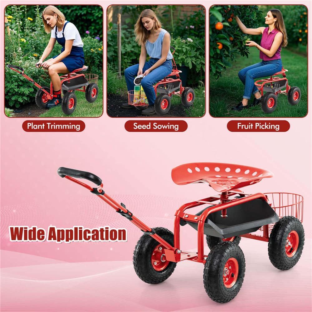 Costway Garden Cart Patio Wagon Roll Work Seat with Tray Basket Extendable Handle