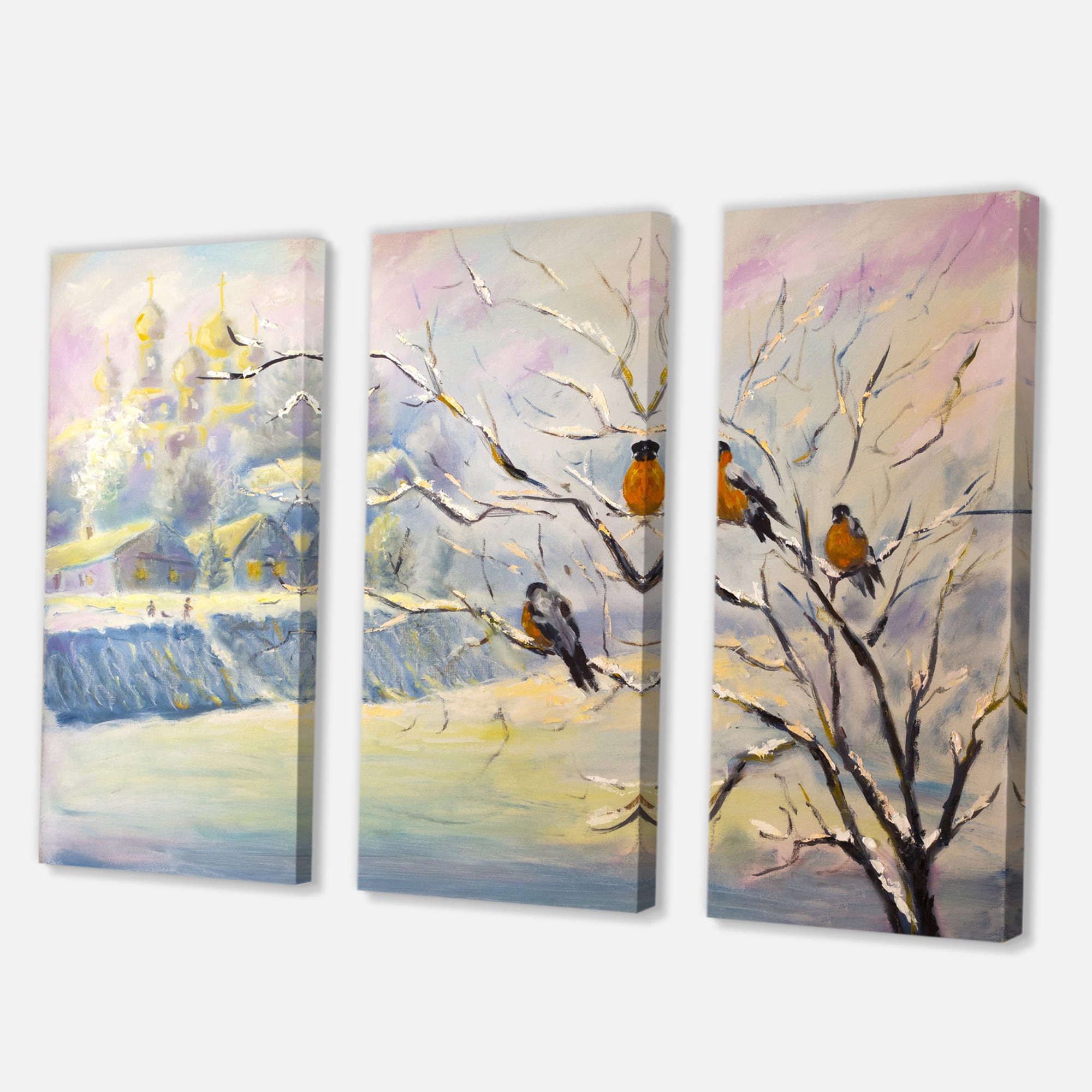 Designart - Rustic Birds On A Tree In Winter Village - Farmhouse Canvas Wall Art Print