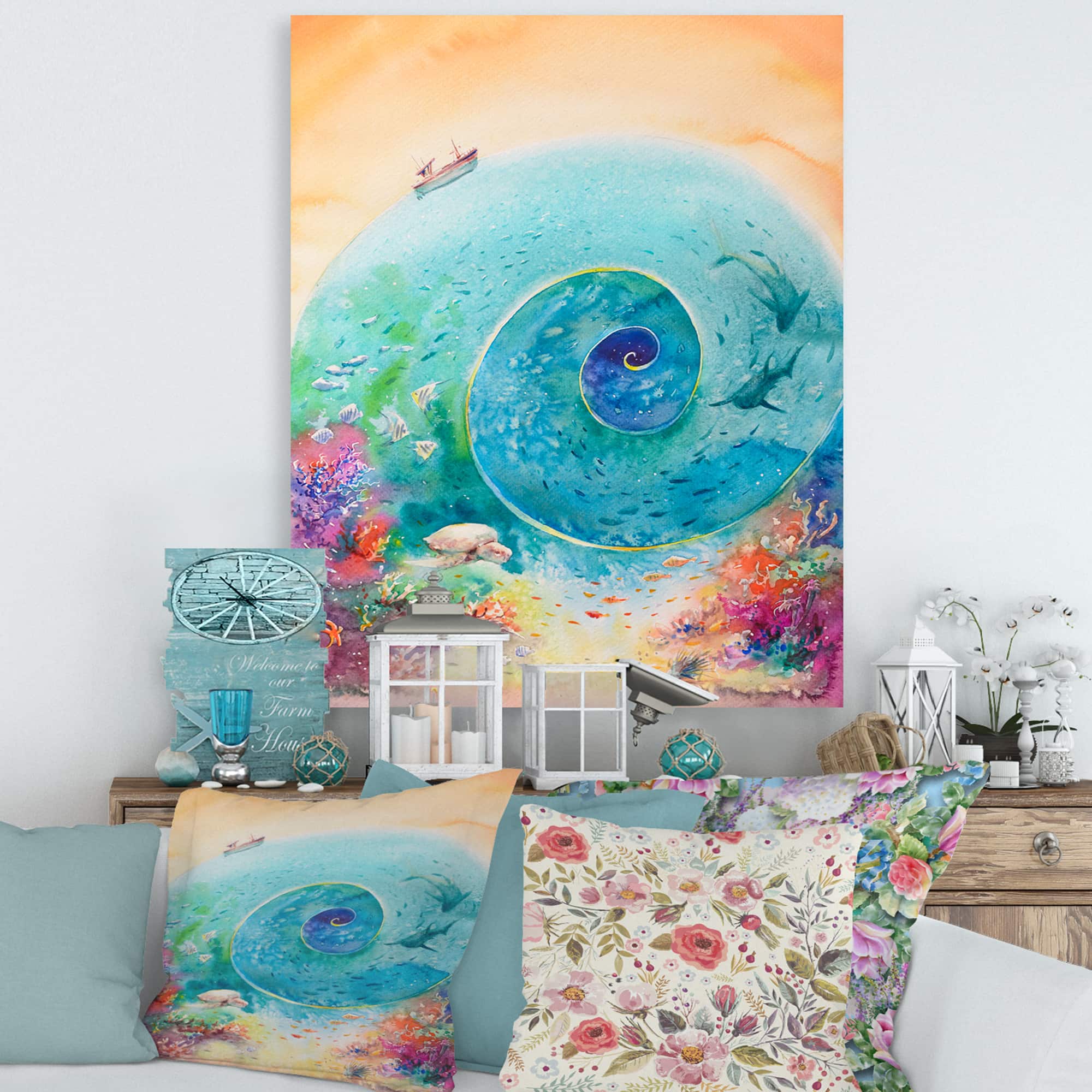 Designart - Turquoise Ocean Spiral With Coral Reef Fishes - Nautical & Coastal Canvas Wall Art Print