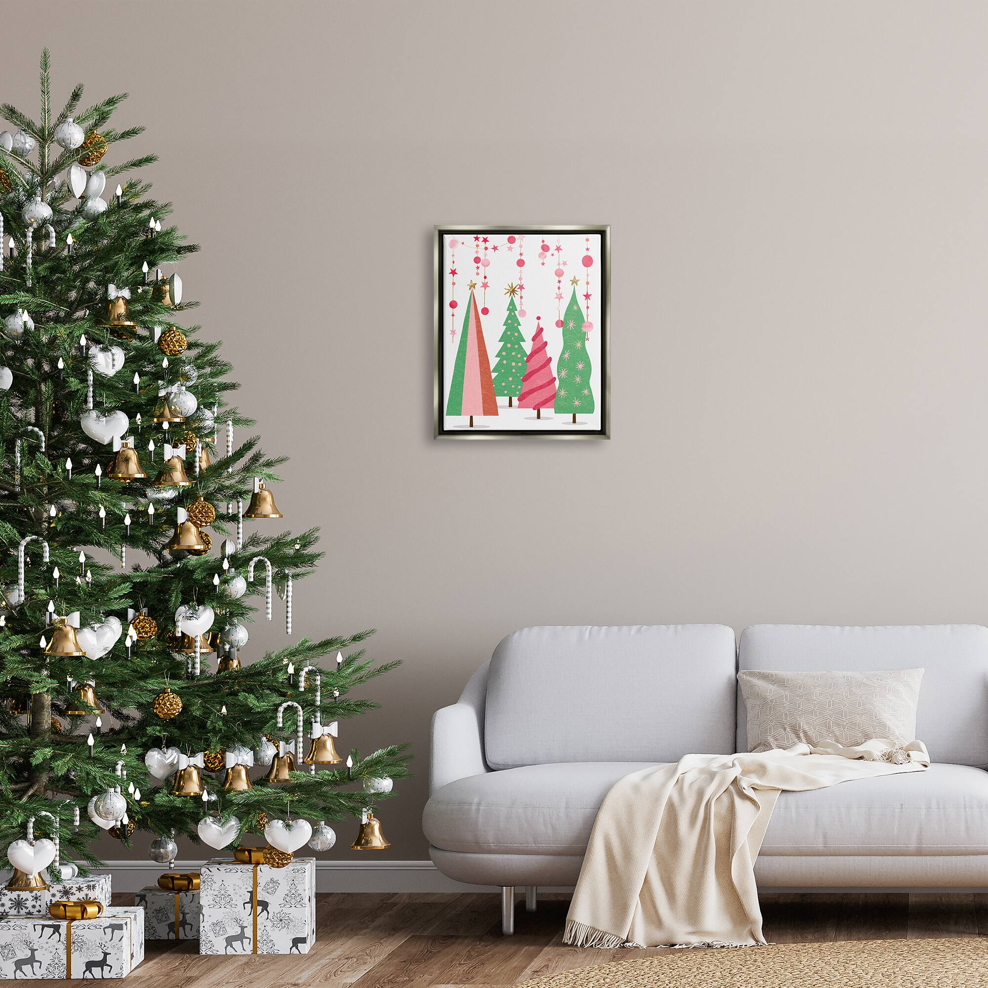 Stupell Industries Pink & Green Christmas Trees Framed Floater Canvas Wall Art