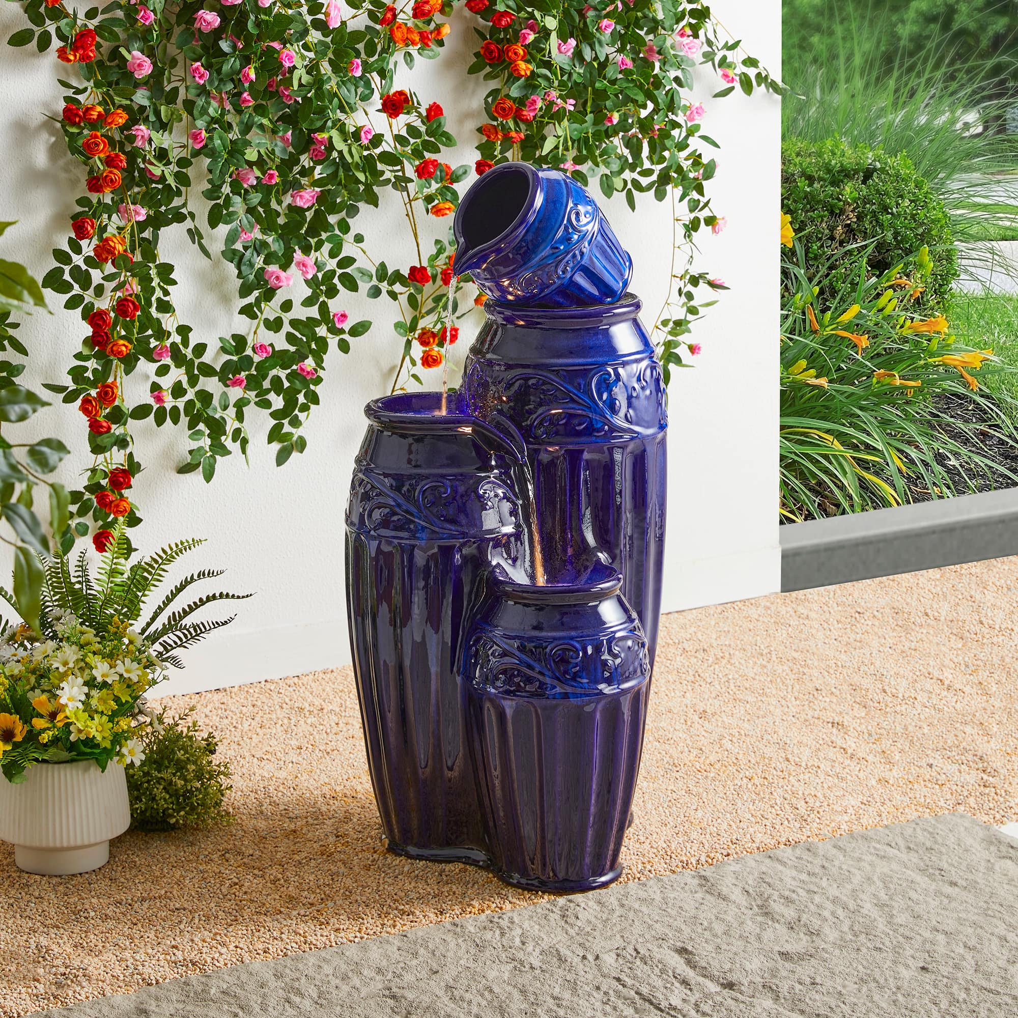 Glitzhome® 35.5" Oversized 4-Tier Embossed Pattern Ceramic Pots Outdoor Fountain with LED Light