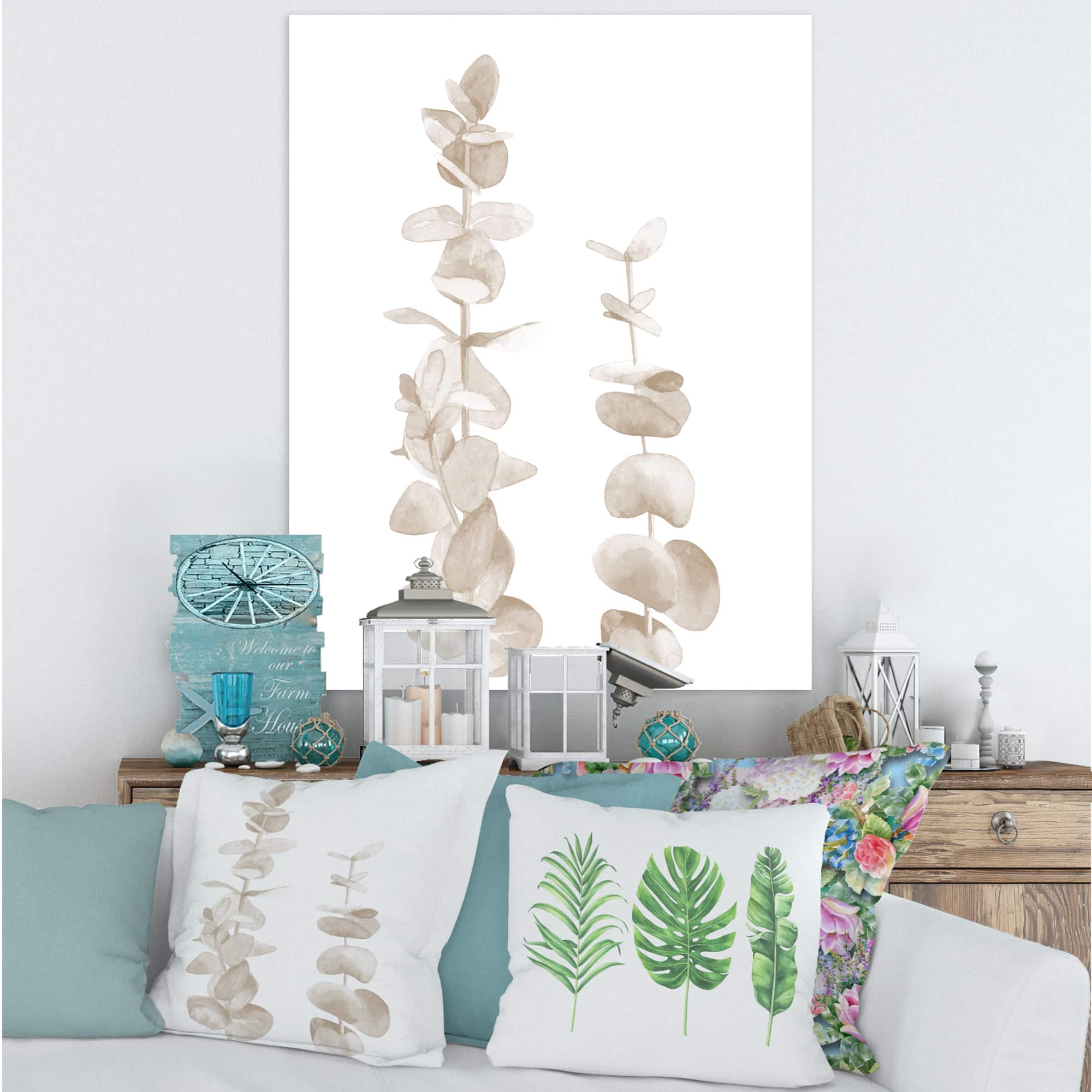 Designart - Beige Eucalyptus Branches On White