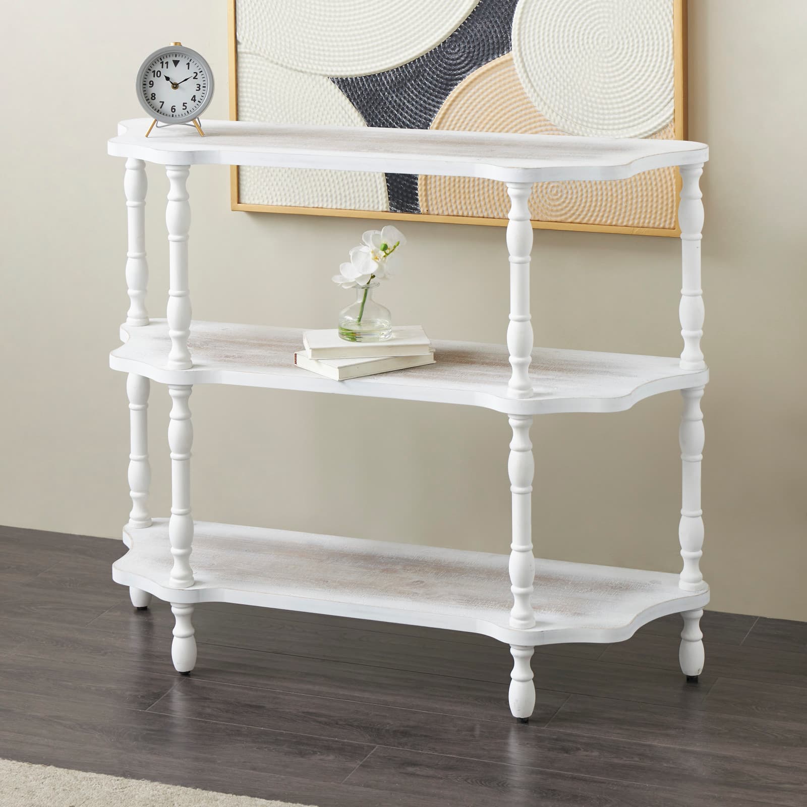 38" x 46.5" White Washed Wooden 2 Shelf Storage Shelving Unit