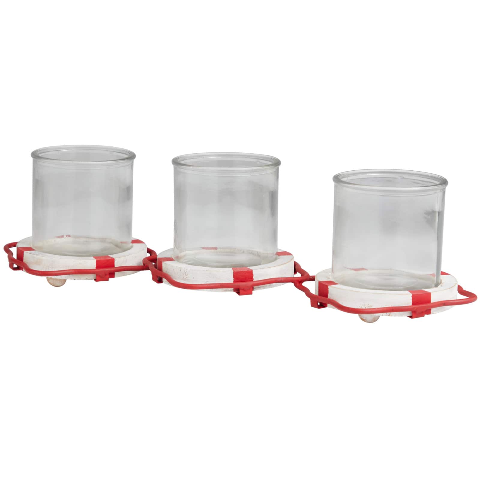 Red Metal Distressed 3-Linked Buoy Candle Holder with White Wood Accents
