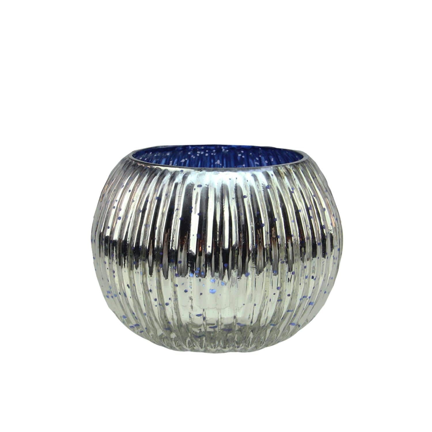 3.25" Blue & Silver Ribbed Round Mercury Glass Votive Candle Holders, Set Of 4