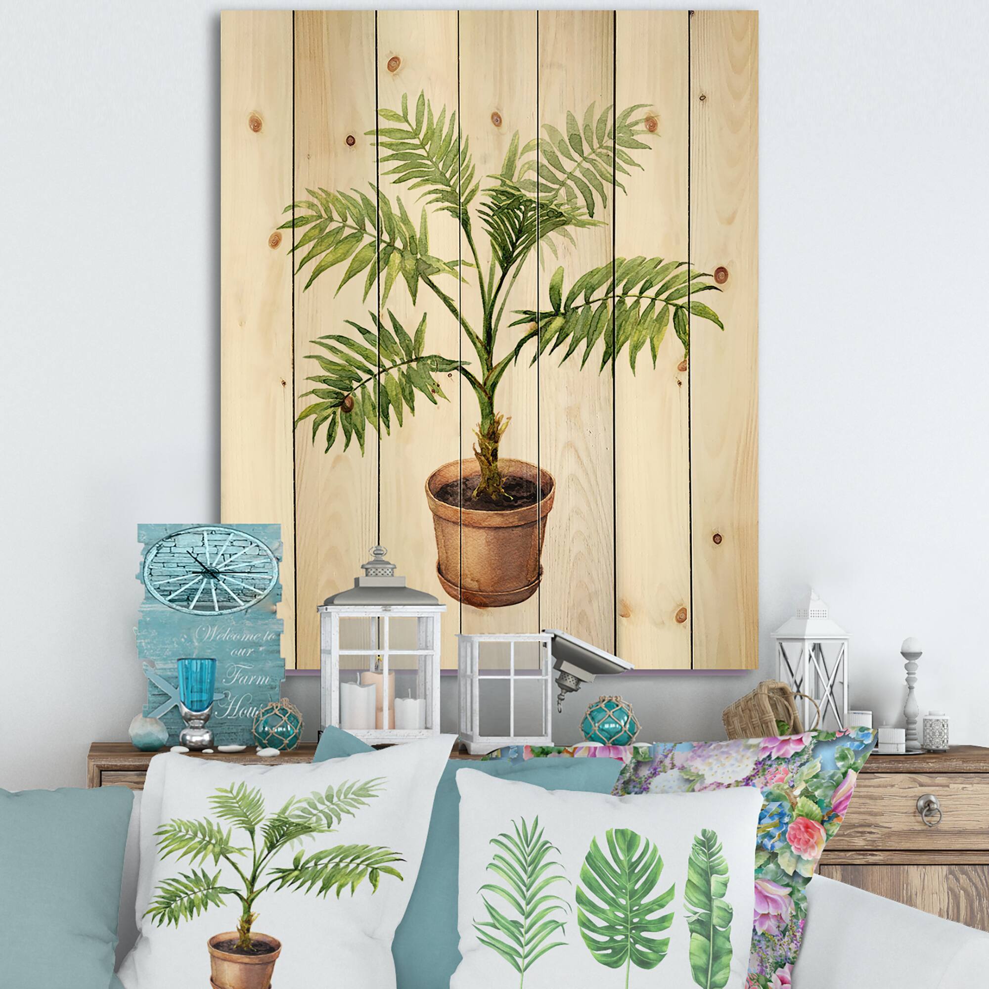Designart - Palm In Clay Flowerpot - Traditional Print on Natural Pine Wood