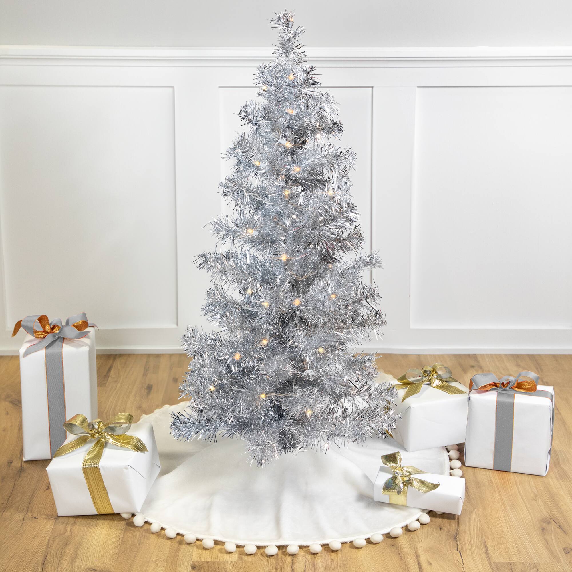 3ft. Pre-Lit Silver Tinsel Artificial Christmas Tree, Clear Lights