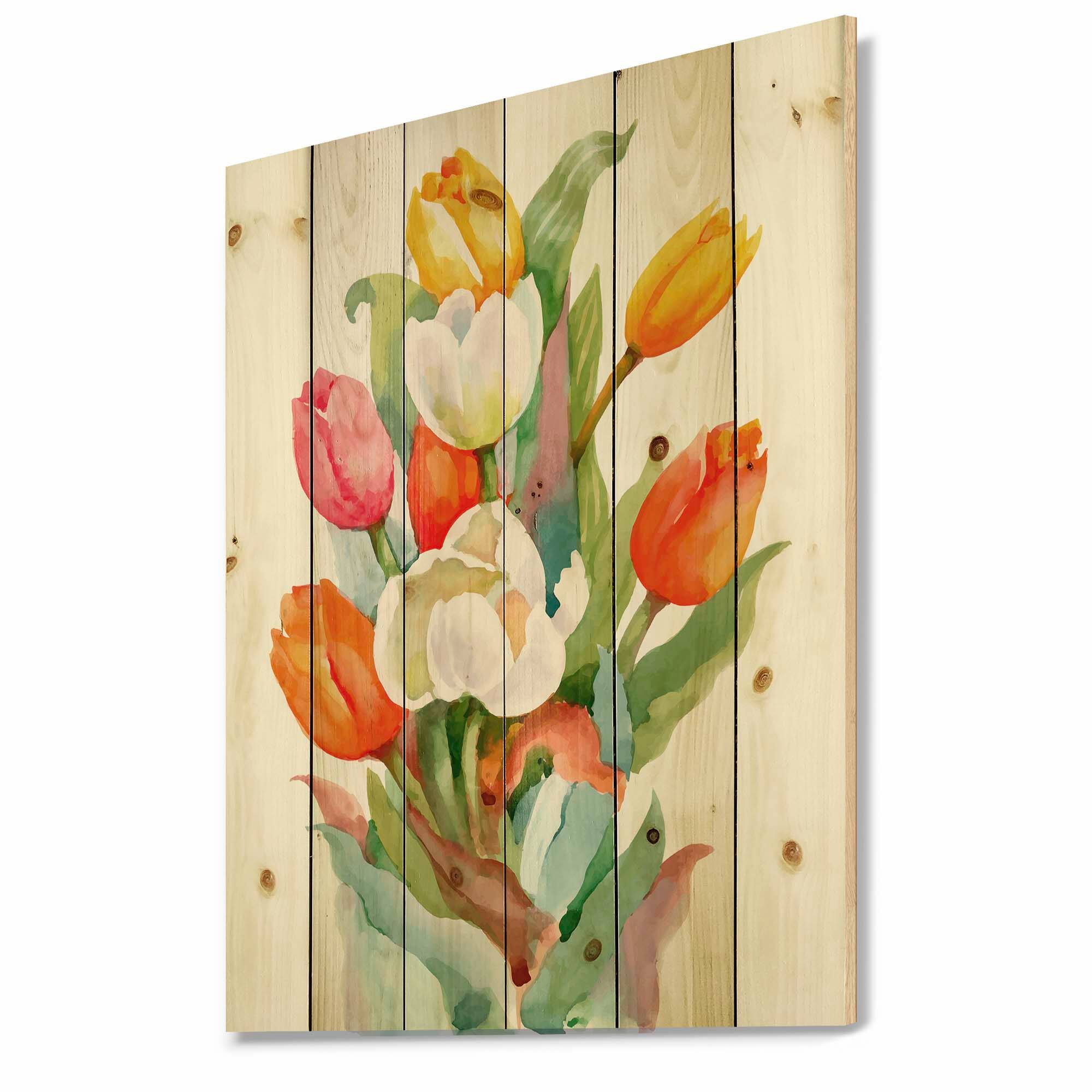 Designart - Blooming White and Orange Tulips Flower - Traditional Print on Natural Pine Wood