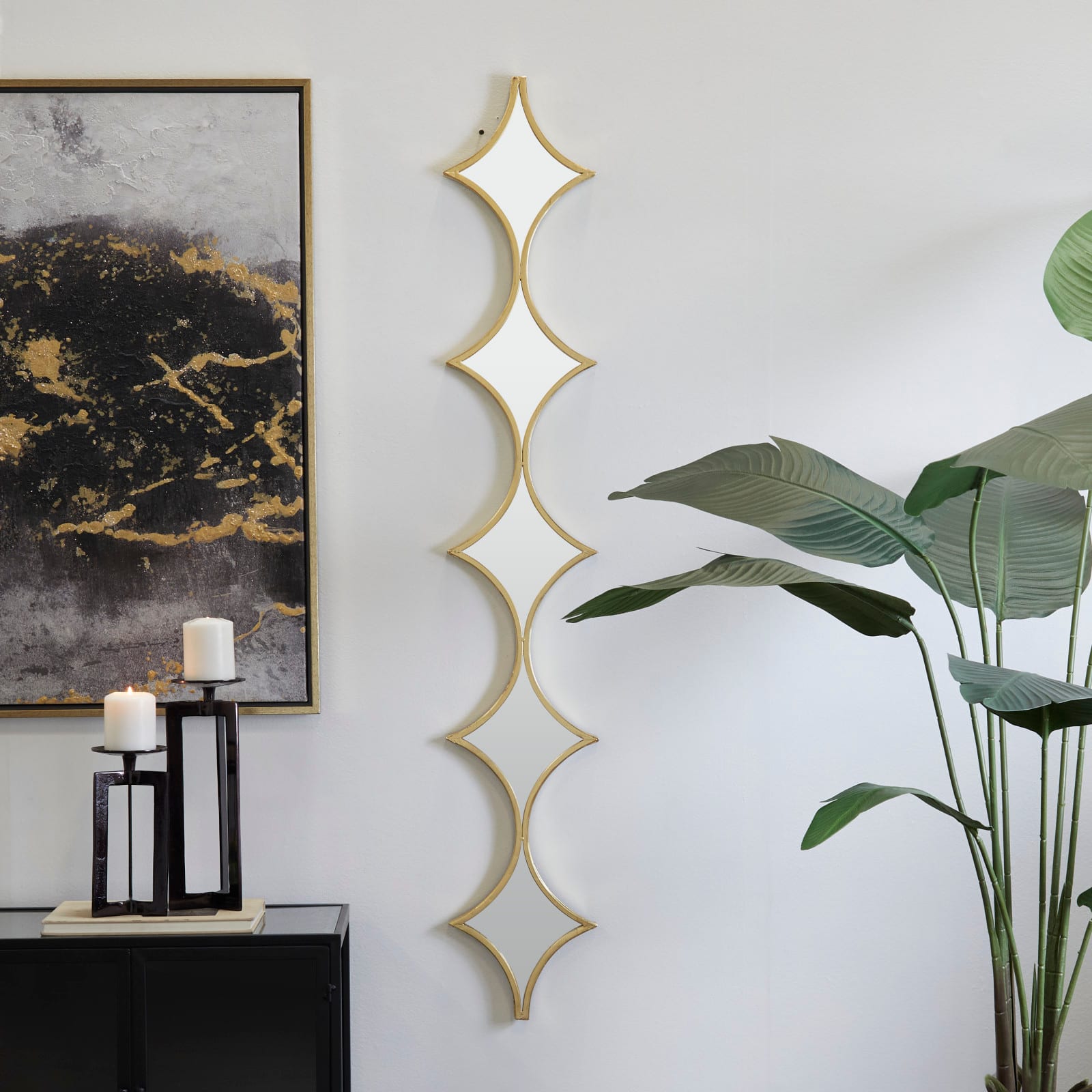 Gold Metal Slim Stacked Chain 5 Layer Wall Mirror with Diamond Pattern 10" x 1" x 59"