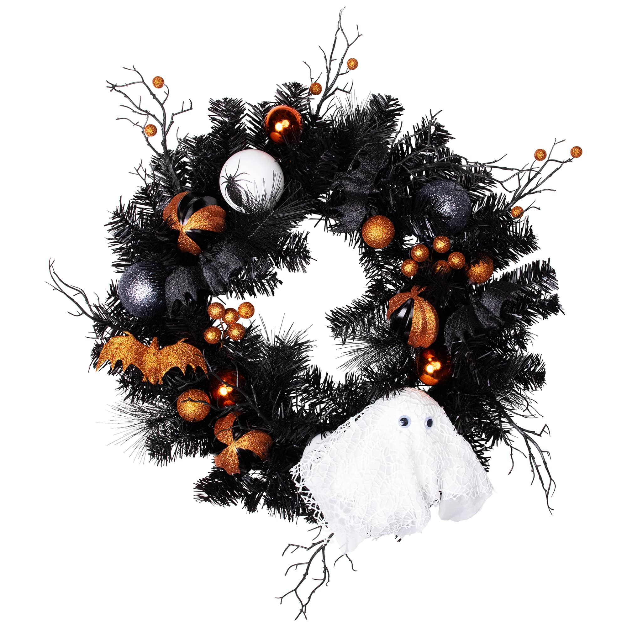 24'' Unlit Orange Ornaments and Ghost Halloween Pine Wreath