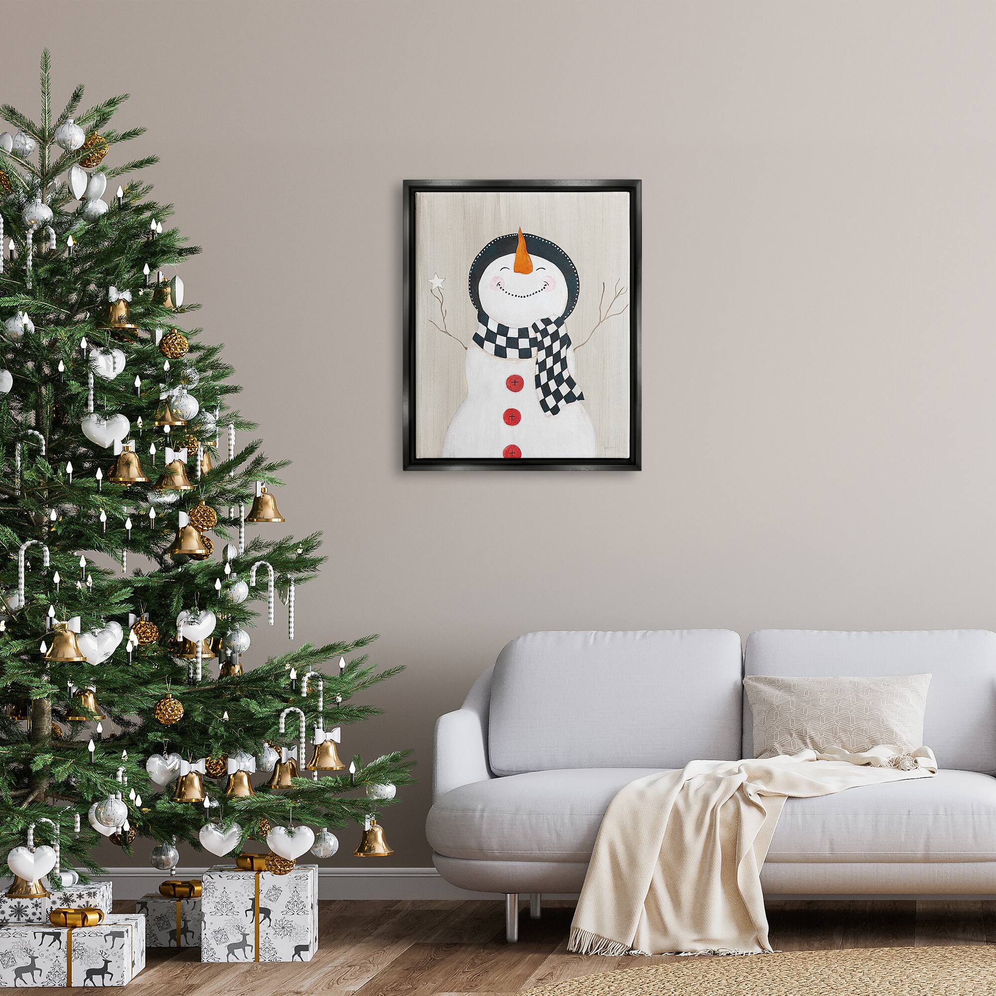 Stupell Industries Happy Smile Winter Snowman Framed Floater Canvas Wall Art