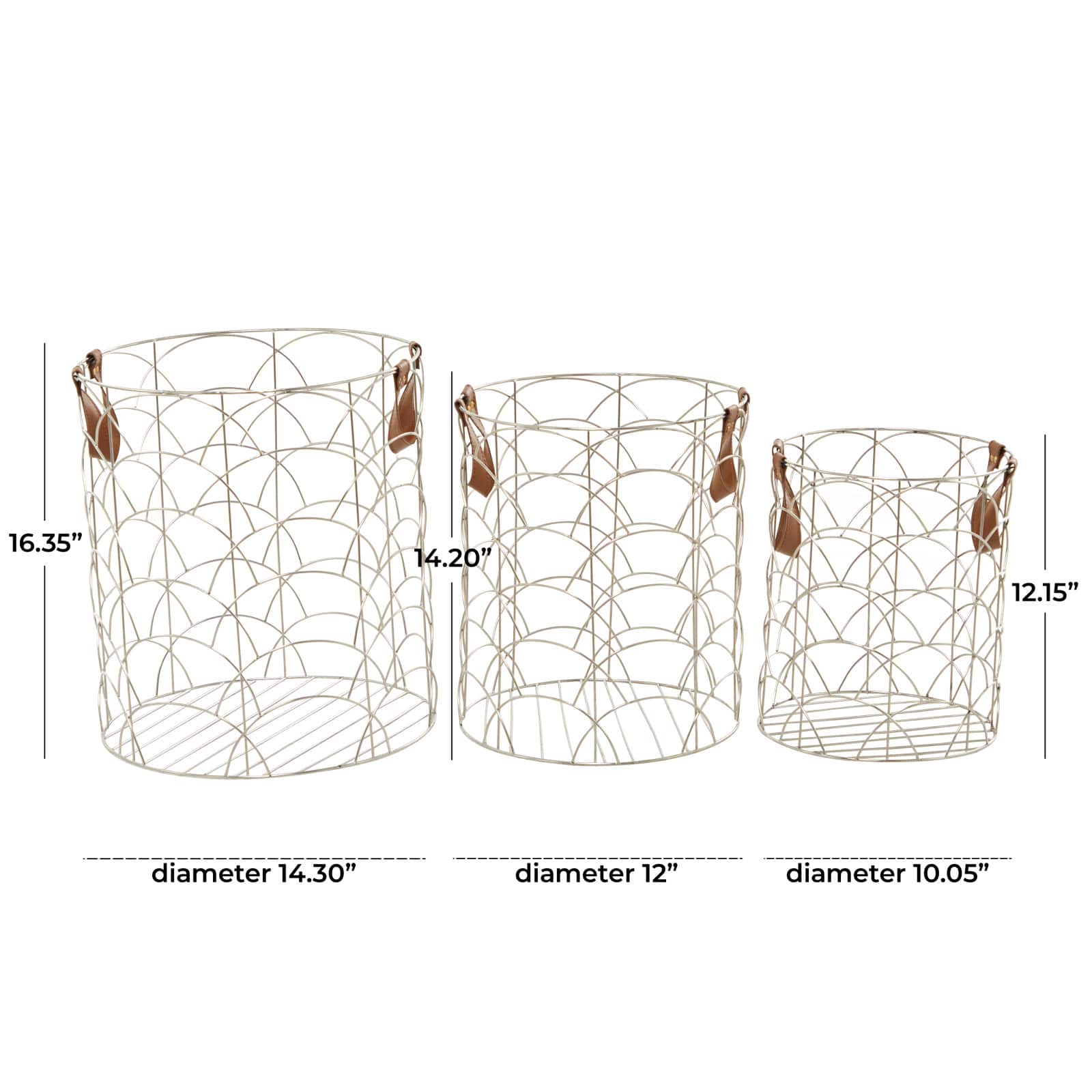 CosmoLiving by Cosmopolitan Silver Metal Storage Basket with Faux Leather Handles Set of 3 16", 14", 12"