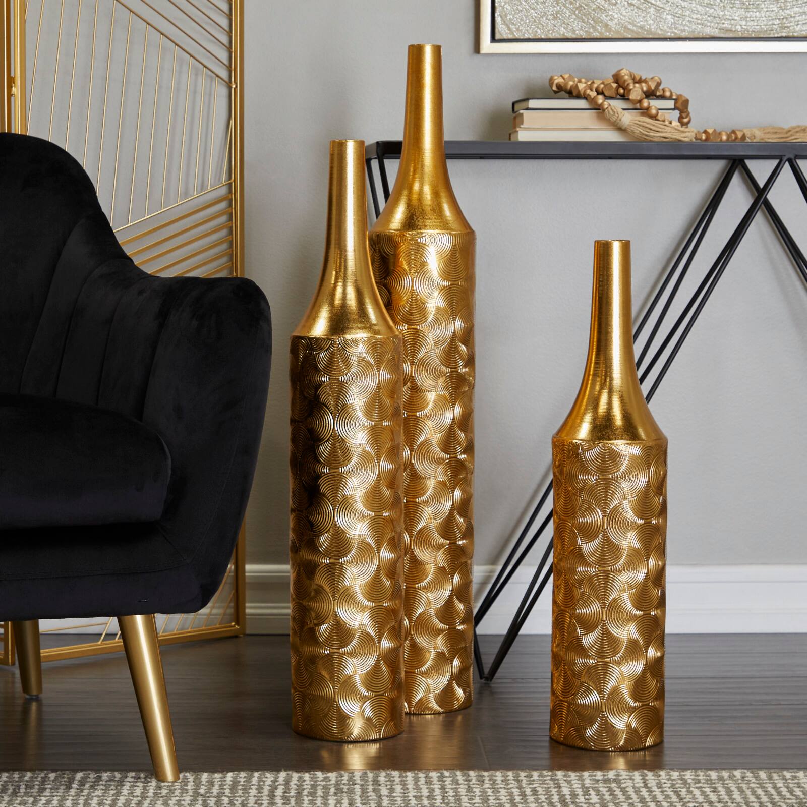 Gold Metal Tall Distressed Metallic Vase with Etched Swirl Patterns Set of 3 36", 30", 25"