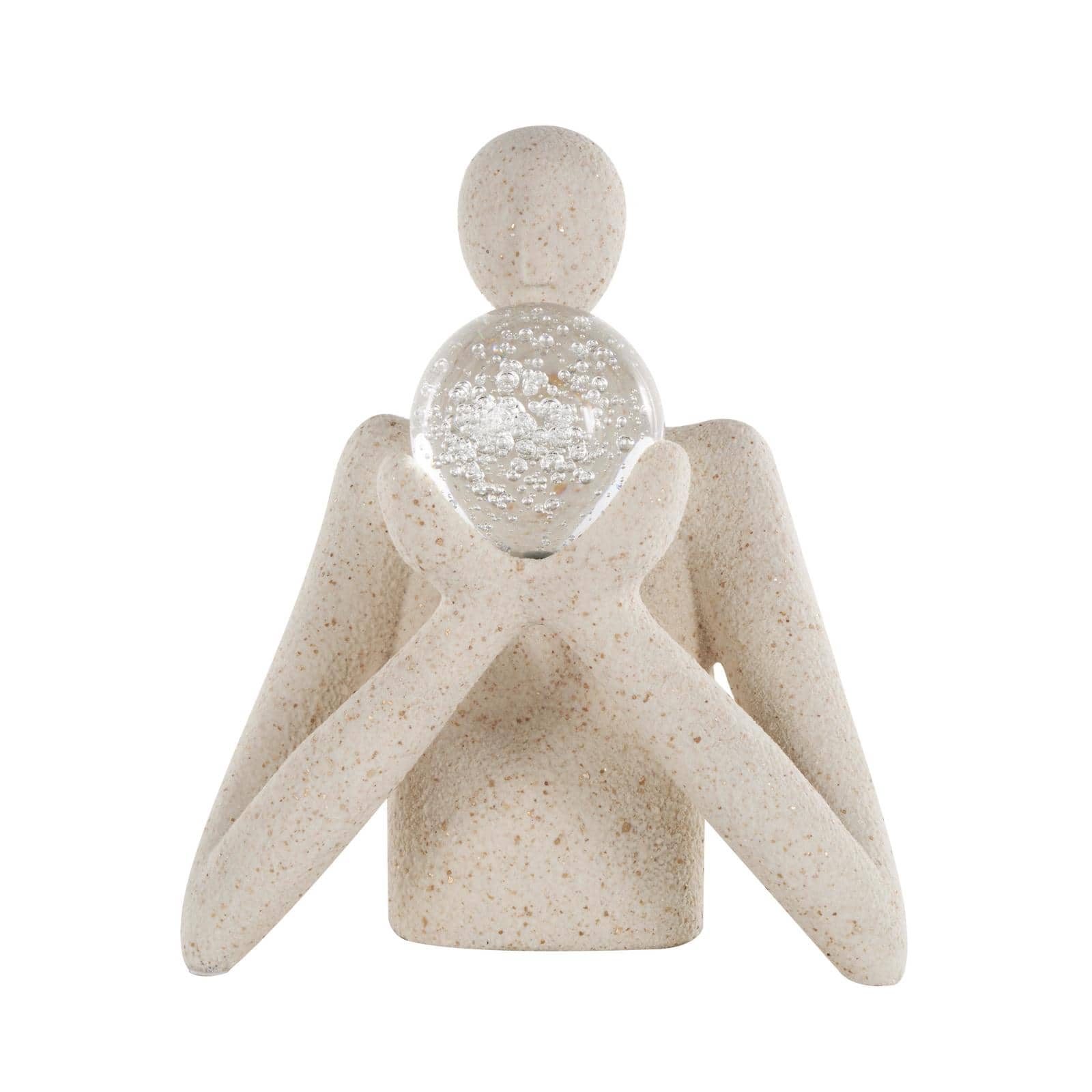 12.75" Cream People Abstract Textured Polystone Sculpture with Clear Glass Ball & Gold Speckles