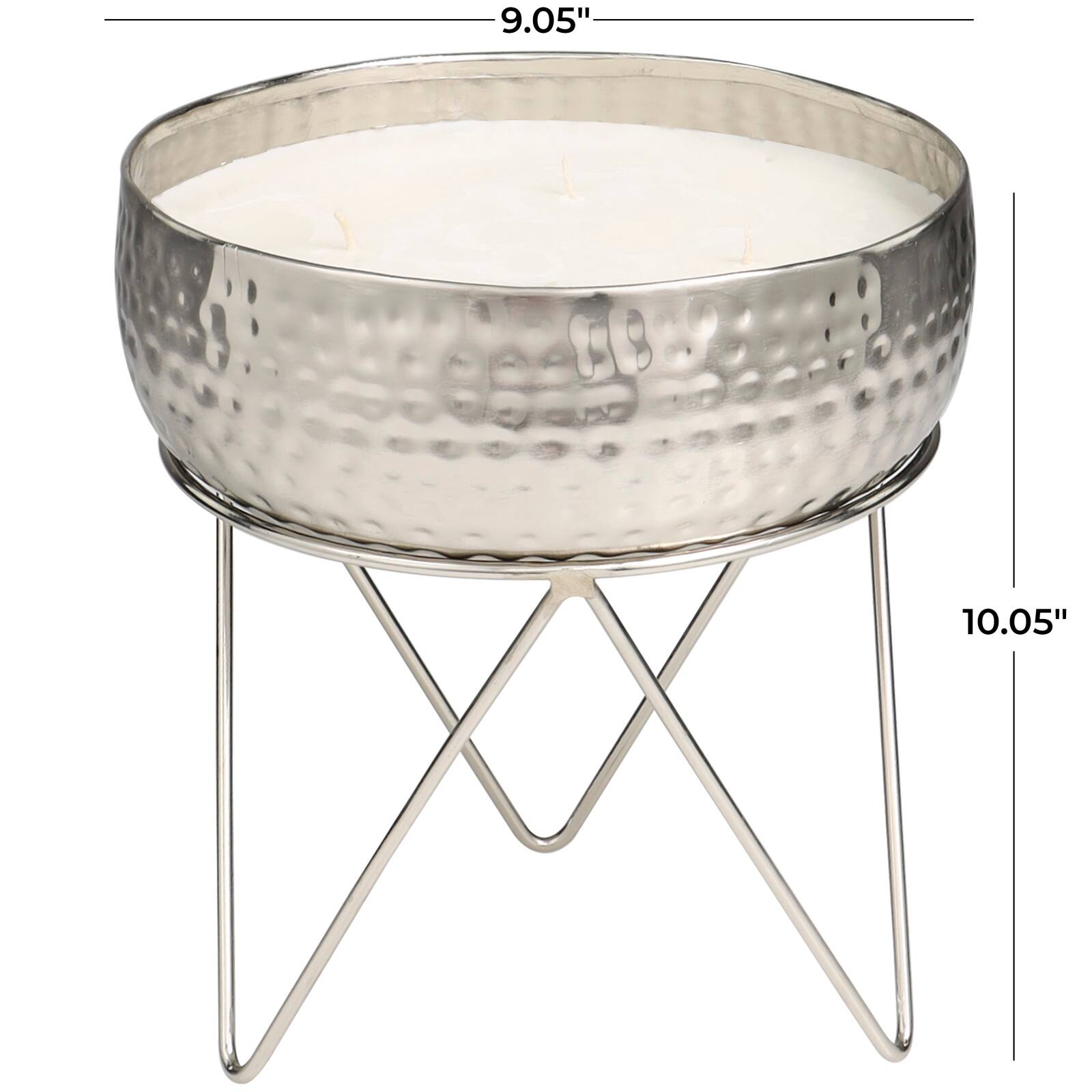 70oz. Campfire Scented White 4 Wick Candle in Silver Bowl with Tripod Stand