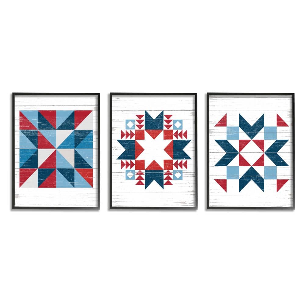 Stupell Industries Geometric Triangular Quilt Pattern Design Red White Blue in Frame Wall Art